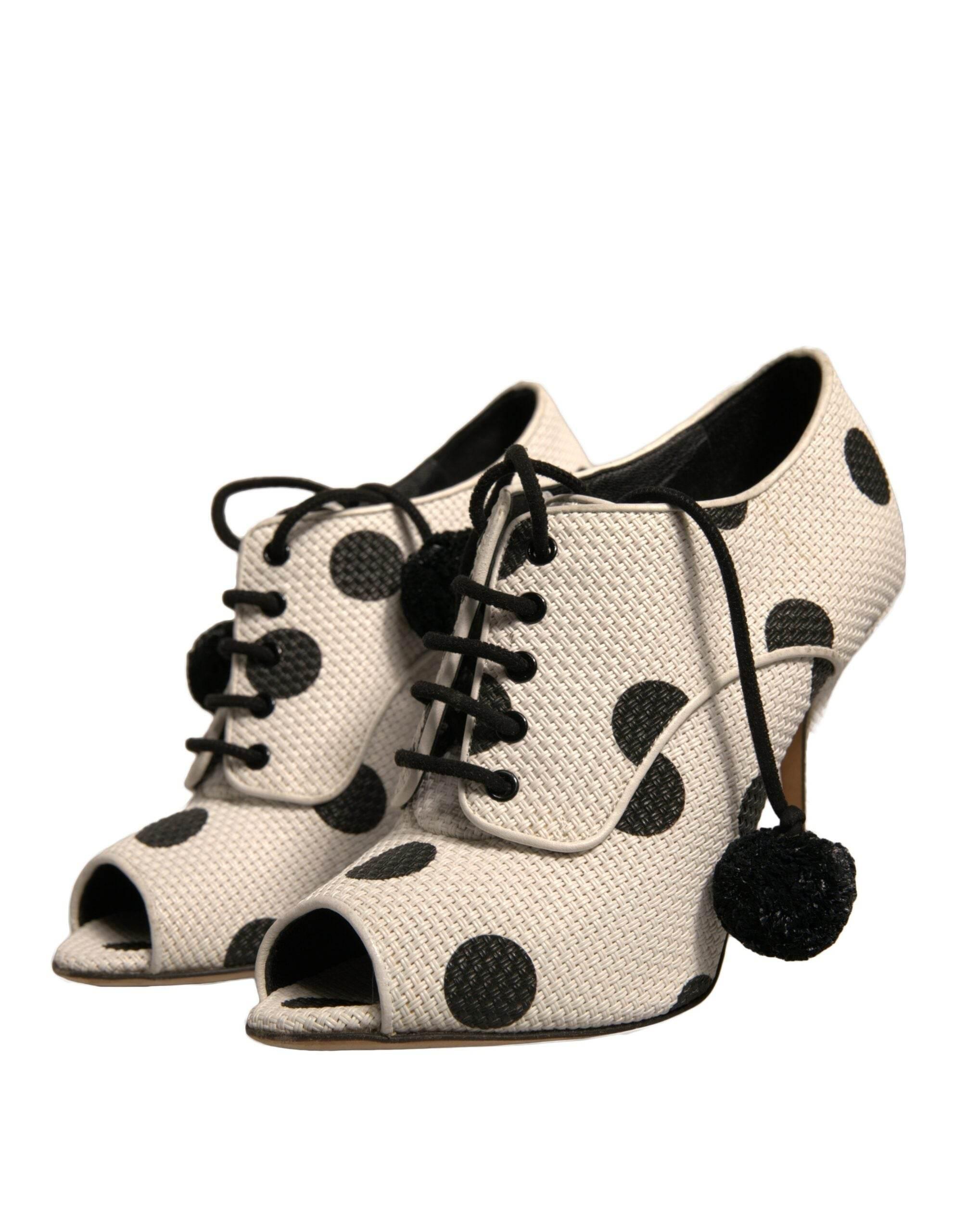 Dolce & Gabbana White Black Polka Dot Peep Toe Ankle Boots Shoes - Hilstor