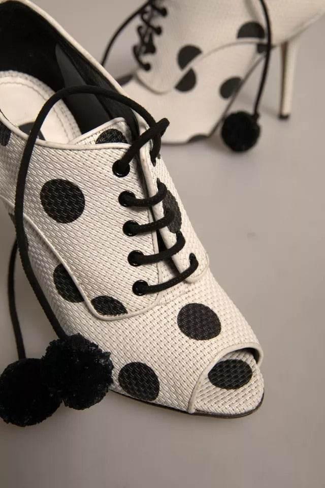 Dolce & Gabbana White Black Polka Dot Peep Toe Ankle Boots Shoes - Hilstor