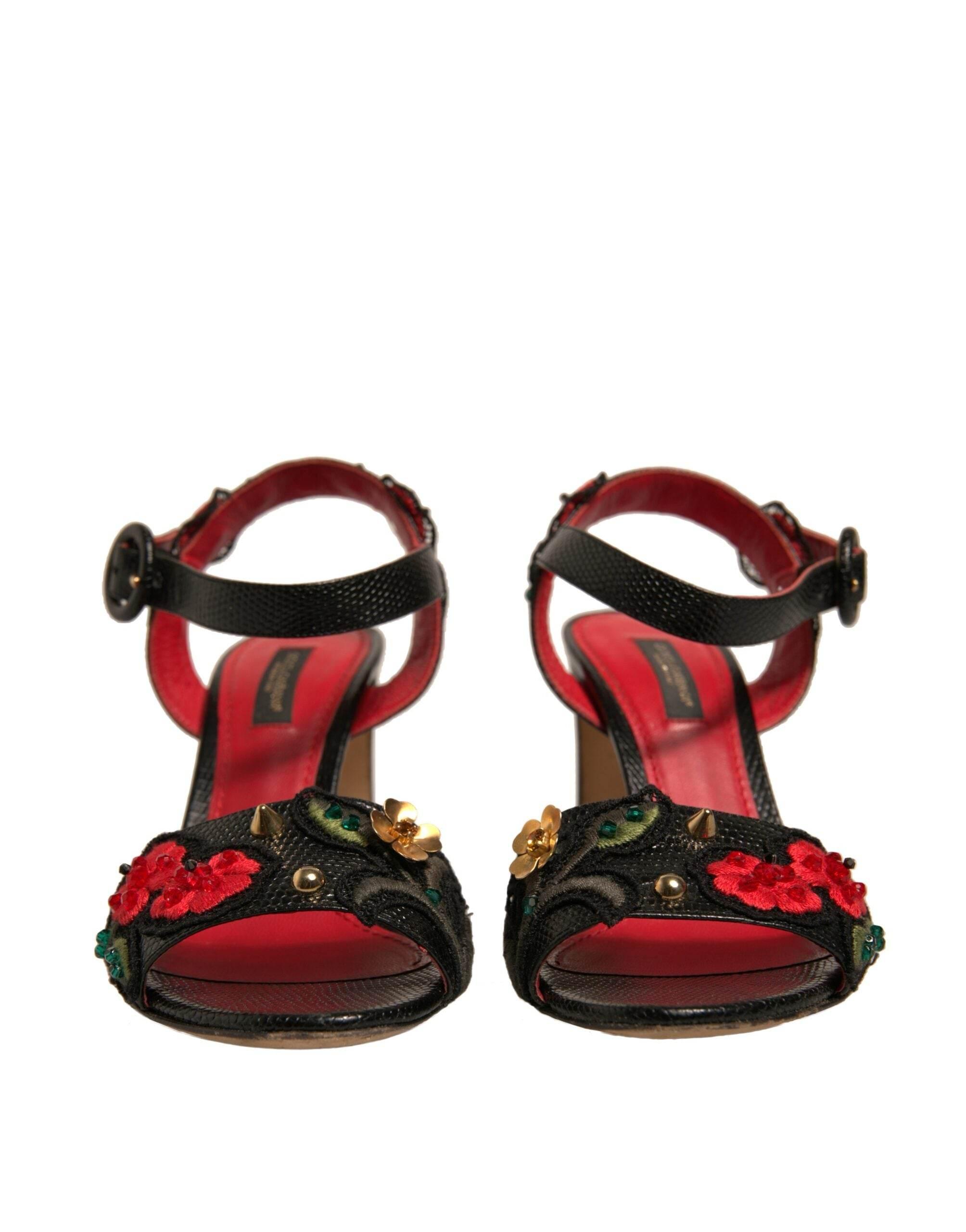 Dolce & Gabbana Black Embossed Carnation Heeled Sandals Shoes - Hilstor