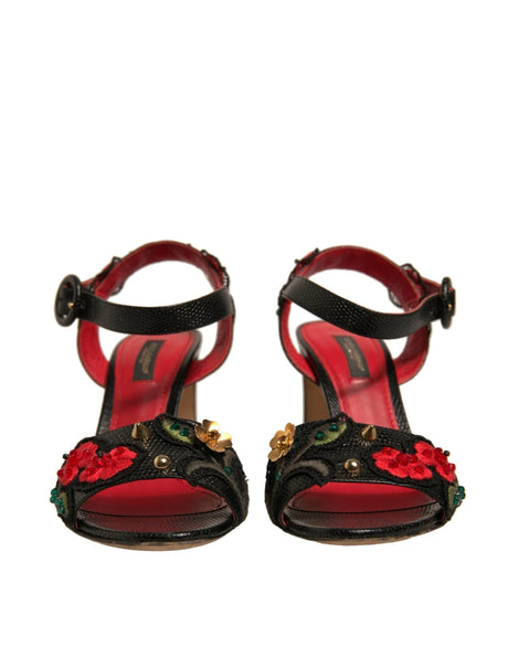 Dolce & Gabbana Black Embossed Carnation Heeled Sandals Shoes - Hilstor