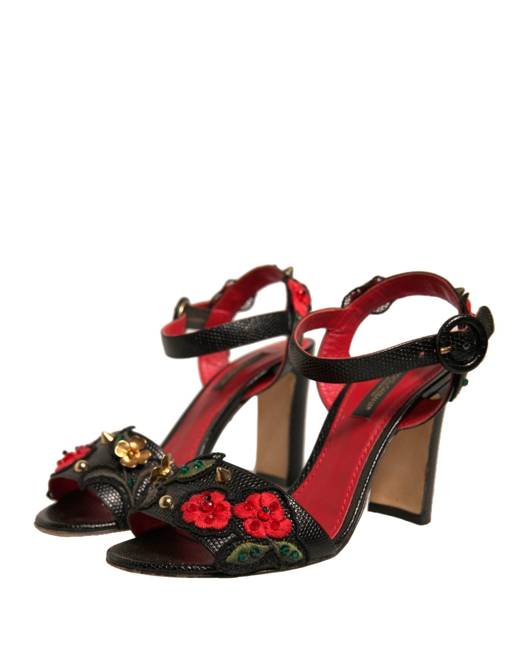 Dolce & Gabbana Black Embossed Carnation Heeled Sandals Shoes - Hilstor