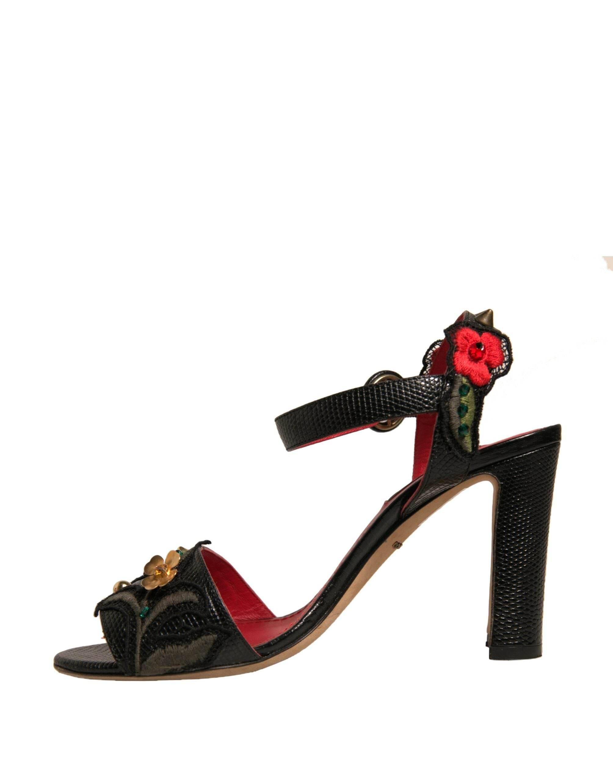 Dolce & Gabbana Black Embossed Carnation Heeled Sandals Shoes - Hilstor