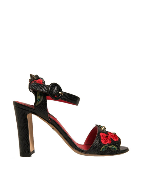 Dolce & Gabbana Black Embossed Carnation Heeled Sandals Shoes - Hilstor