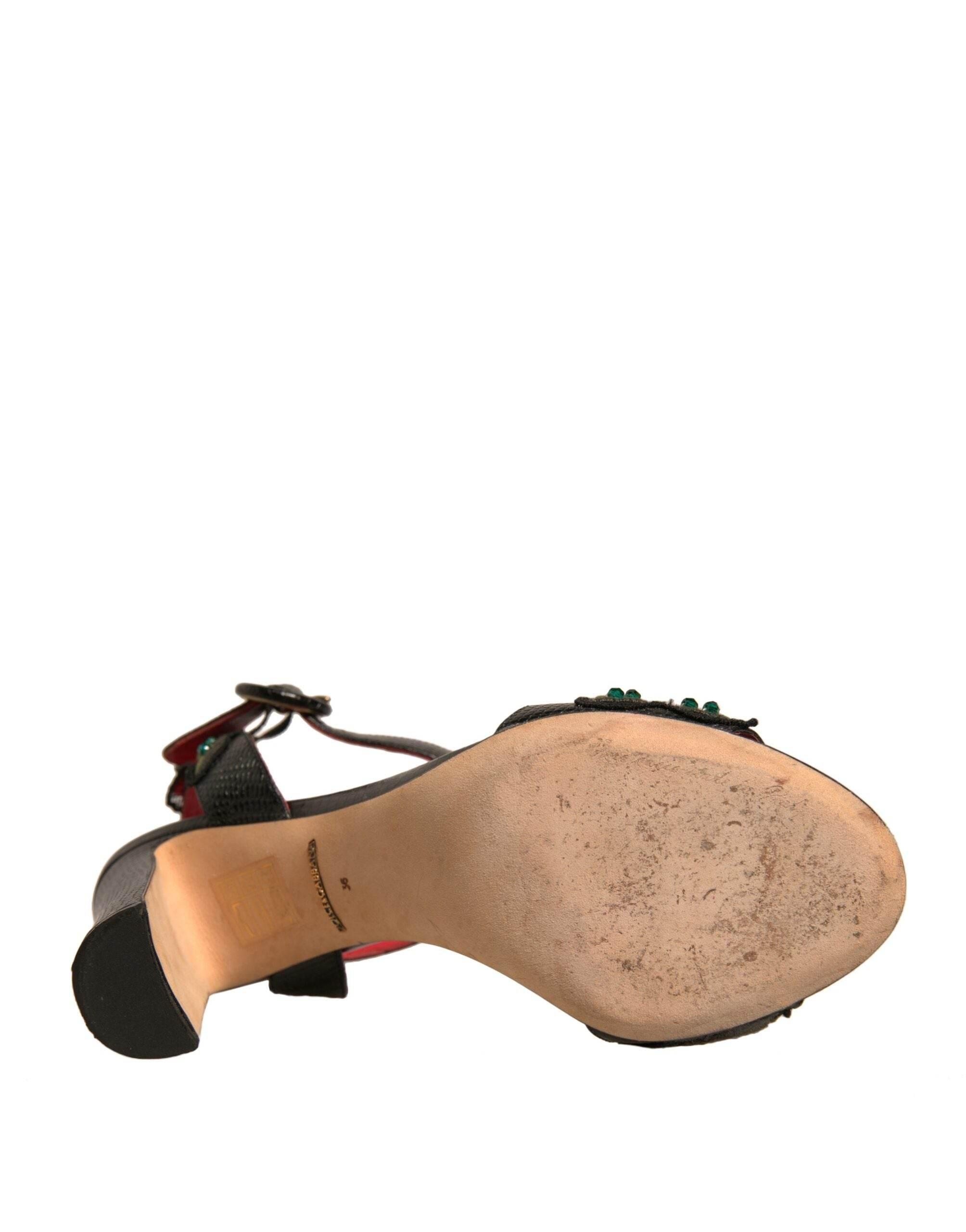 Dolce & Gabbana Black Embossed Carnation Heeled Sandals Shoes - Hilstor