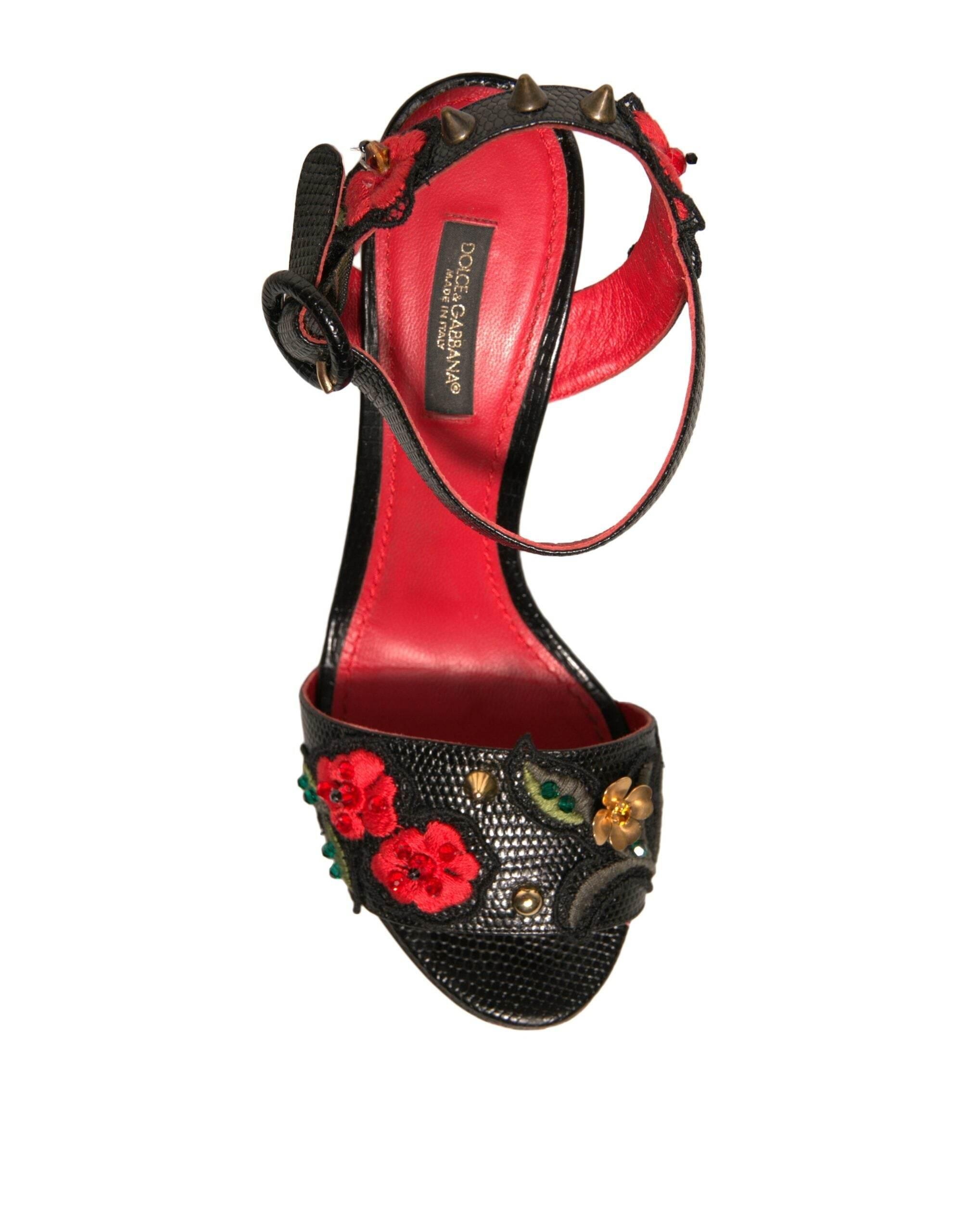 Dolce & Gabbana Black Embossed Carnation Heeled Sandals Shoes - Hilstor