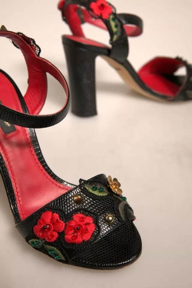 Dolce & Gabbana Black Embossed Carnation Heeled Sandals Shoes - Hilstor
