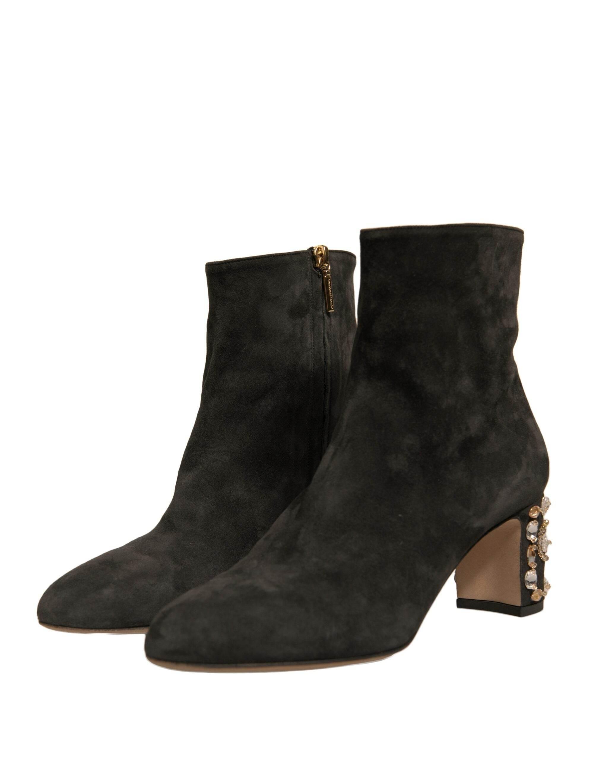 Dolce & Gabbana Black Embellished Heel Ankle Boots Shoes - Hilstor