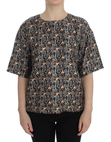 Dolce & Gabbana Gray Gold Key Print Silk Blouse T-shirt - Hilstor
