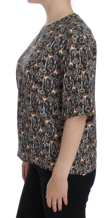 Dolce & Gabbana Gray Gold Key Print Silk Blouse T-shirt - Hilstor