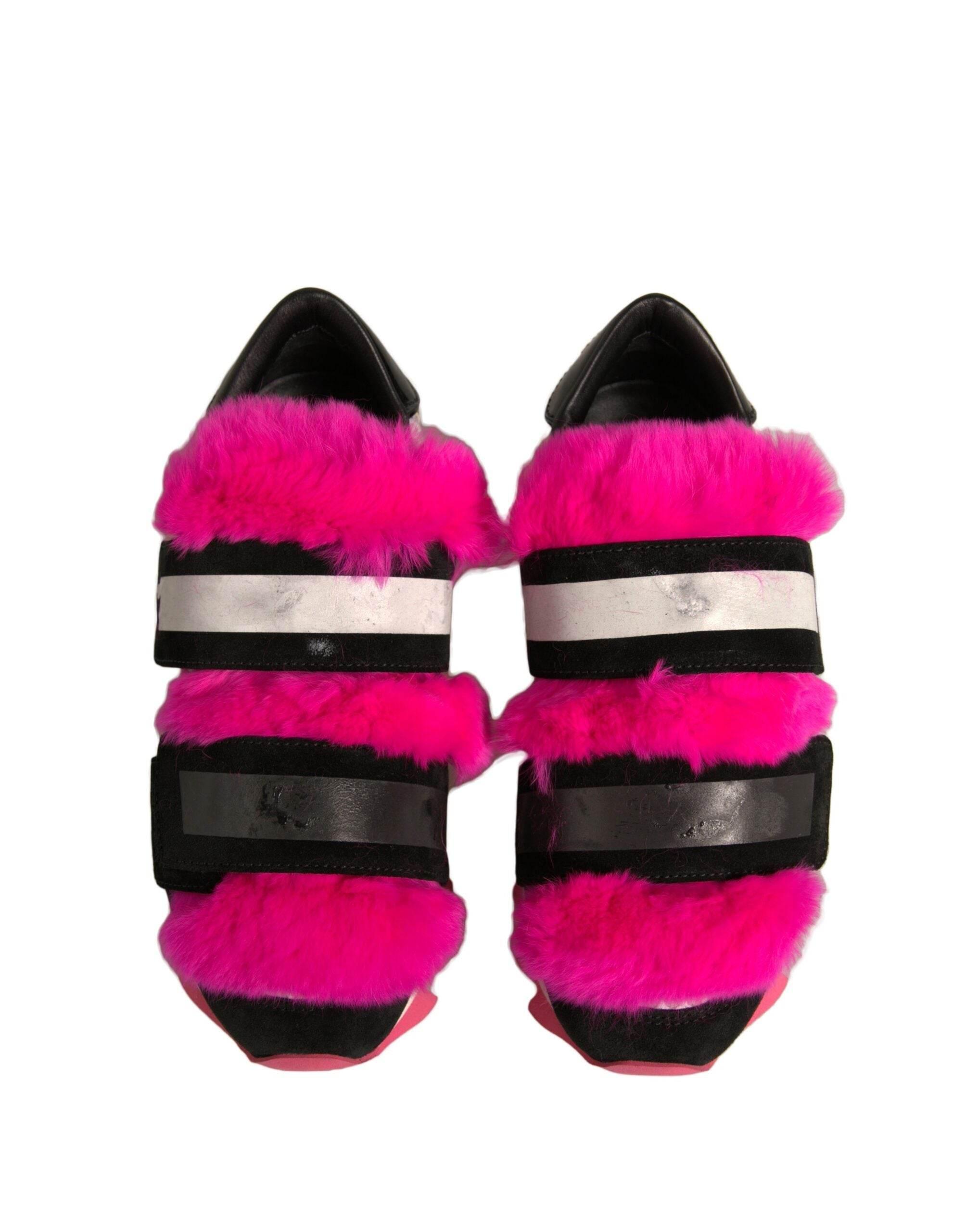Dolce & Gabbana Black Pink Fur Embellished Sneakers Shoes - Hilstor