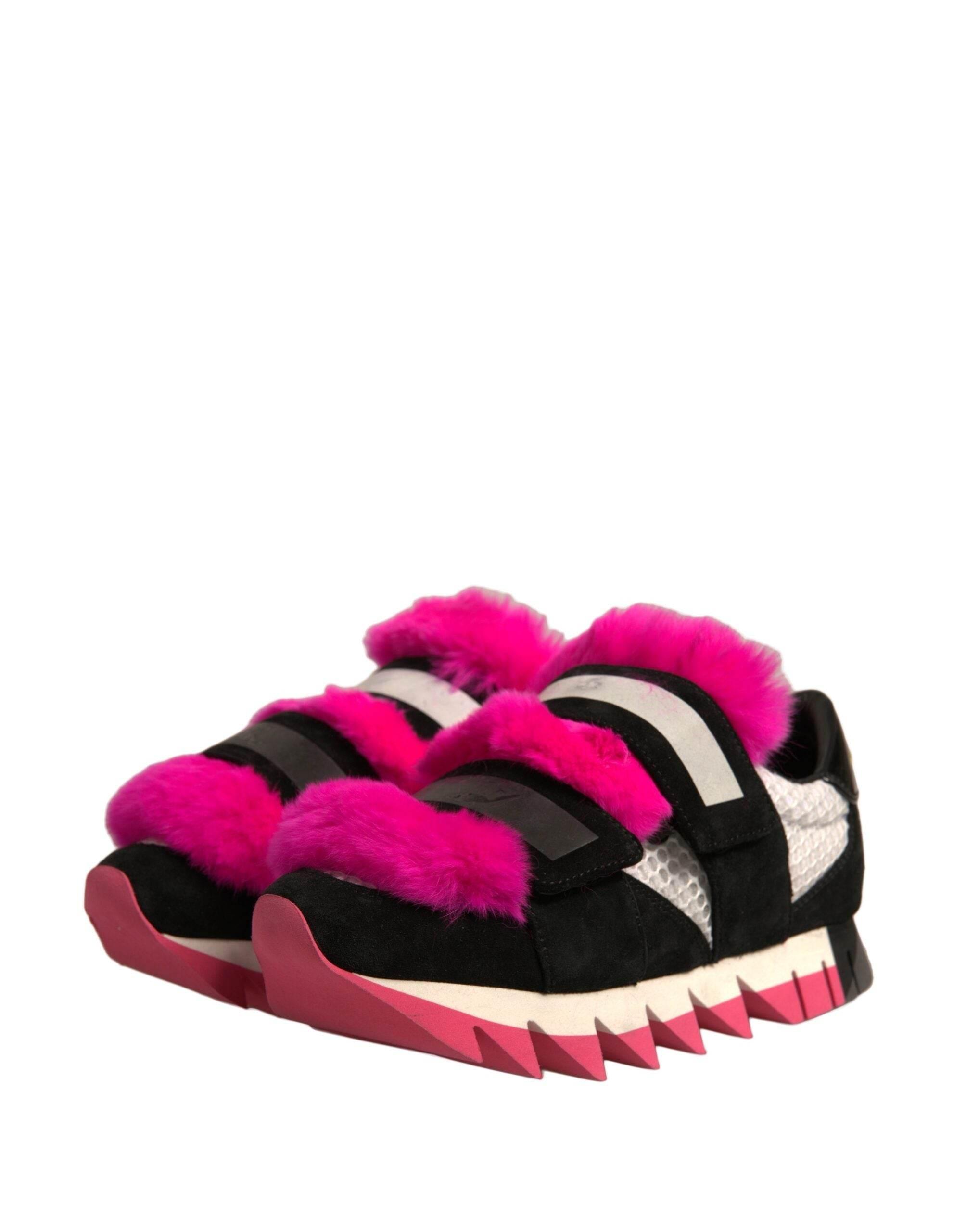 Dolce & Gabbana Black Pink Fur Embellished Sneakers Shoes - Hilstor