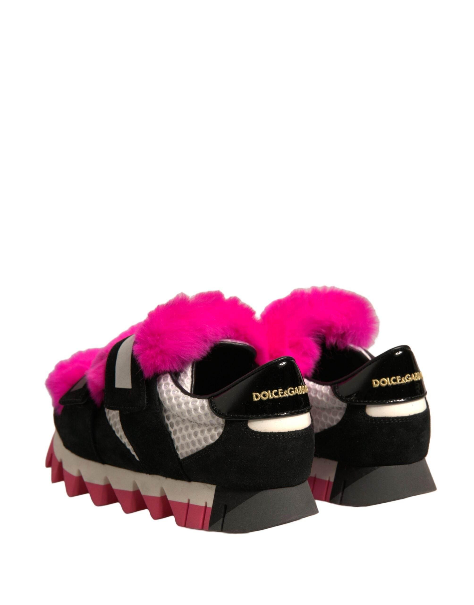 Dolce & Gabbana Black Pink Fur Embellished Sneakers Shoes - Hilstor