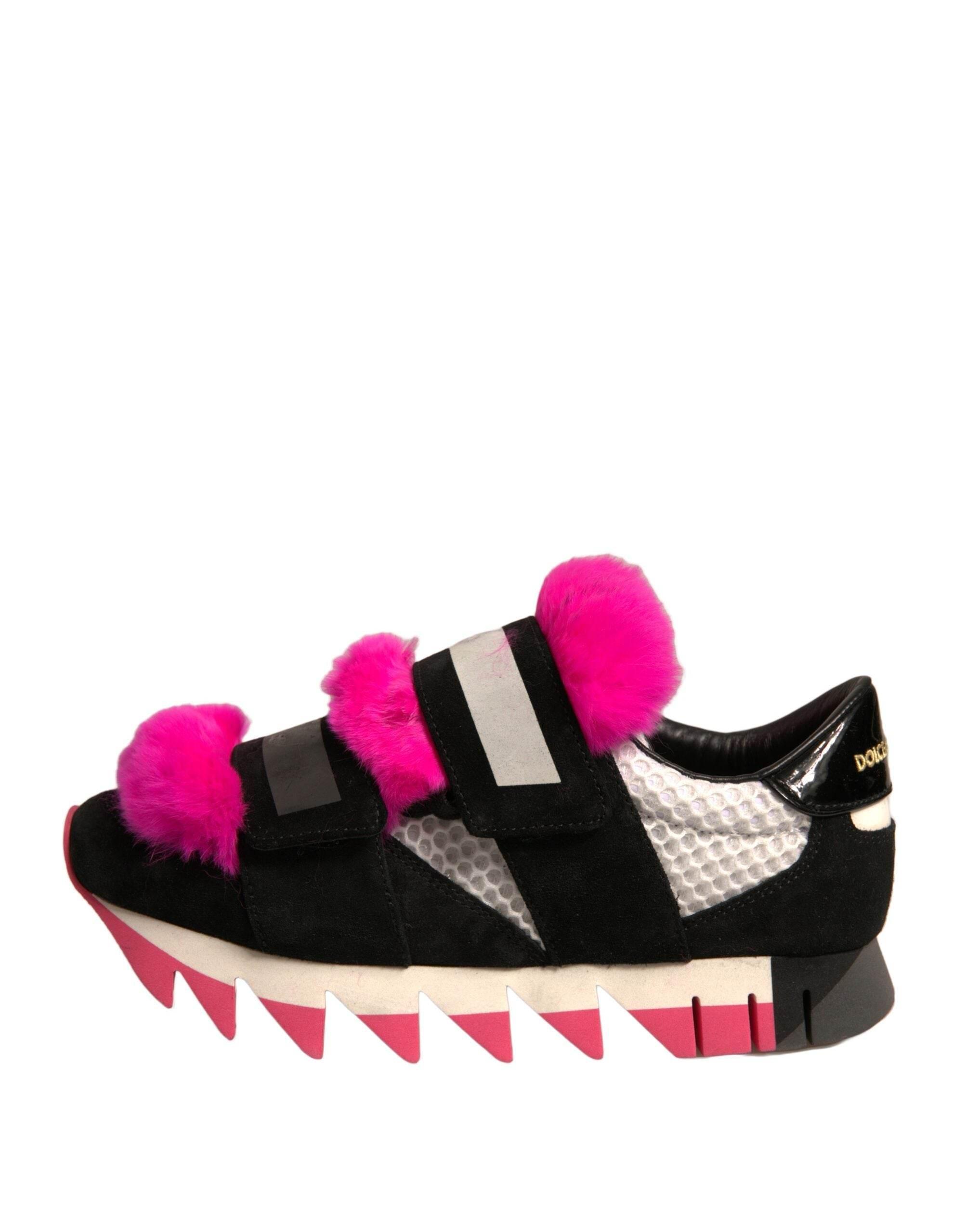 Dolce & Gabbana Black Pink Fur Embellished Sneakers Shoes - Hilstor