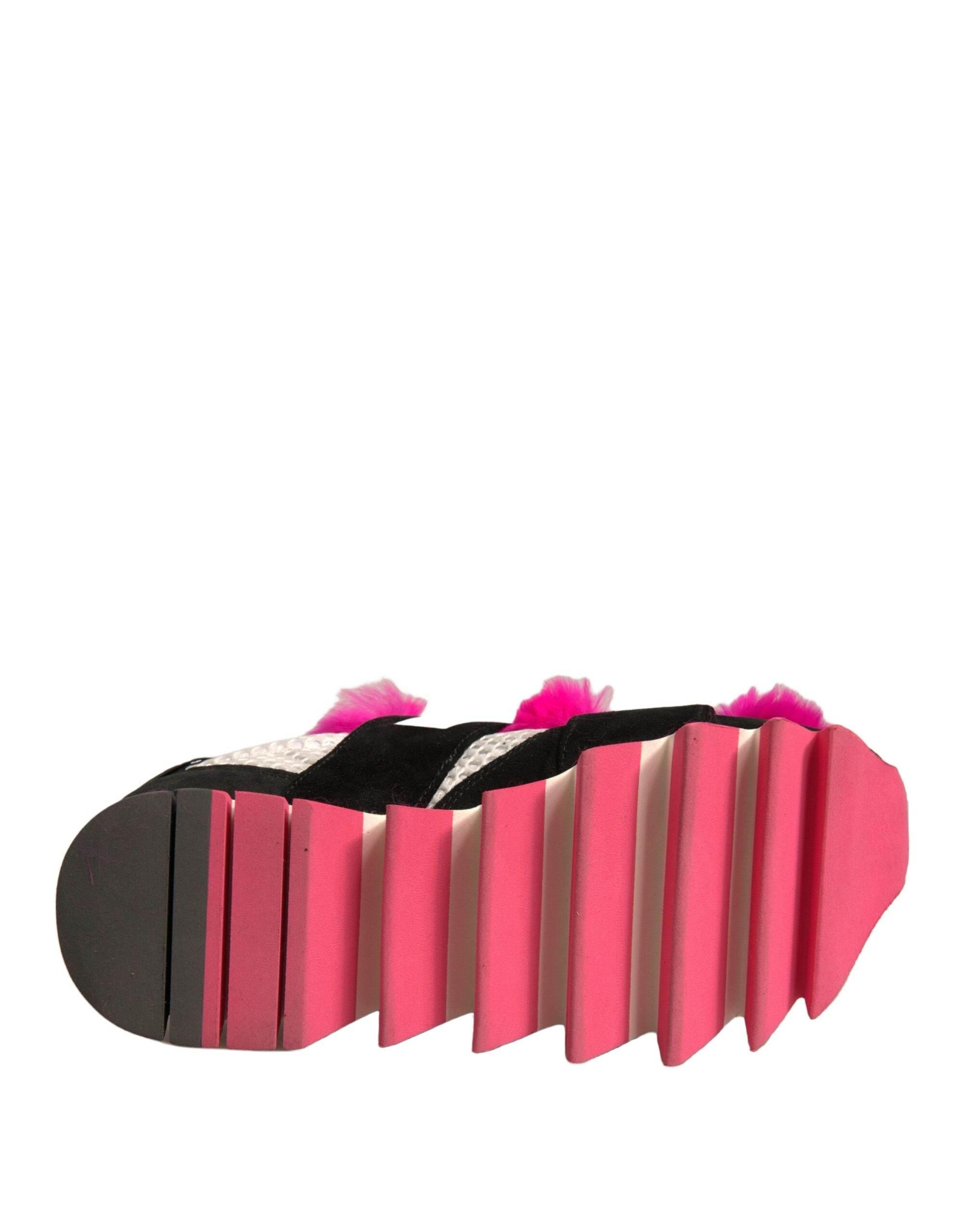Dolce & Gabbana Black Pink Fur Embellished Sneakers Shoes - Hilstor