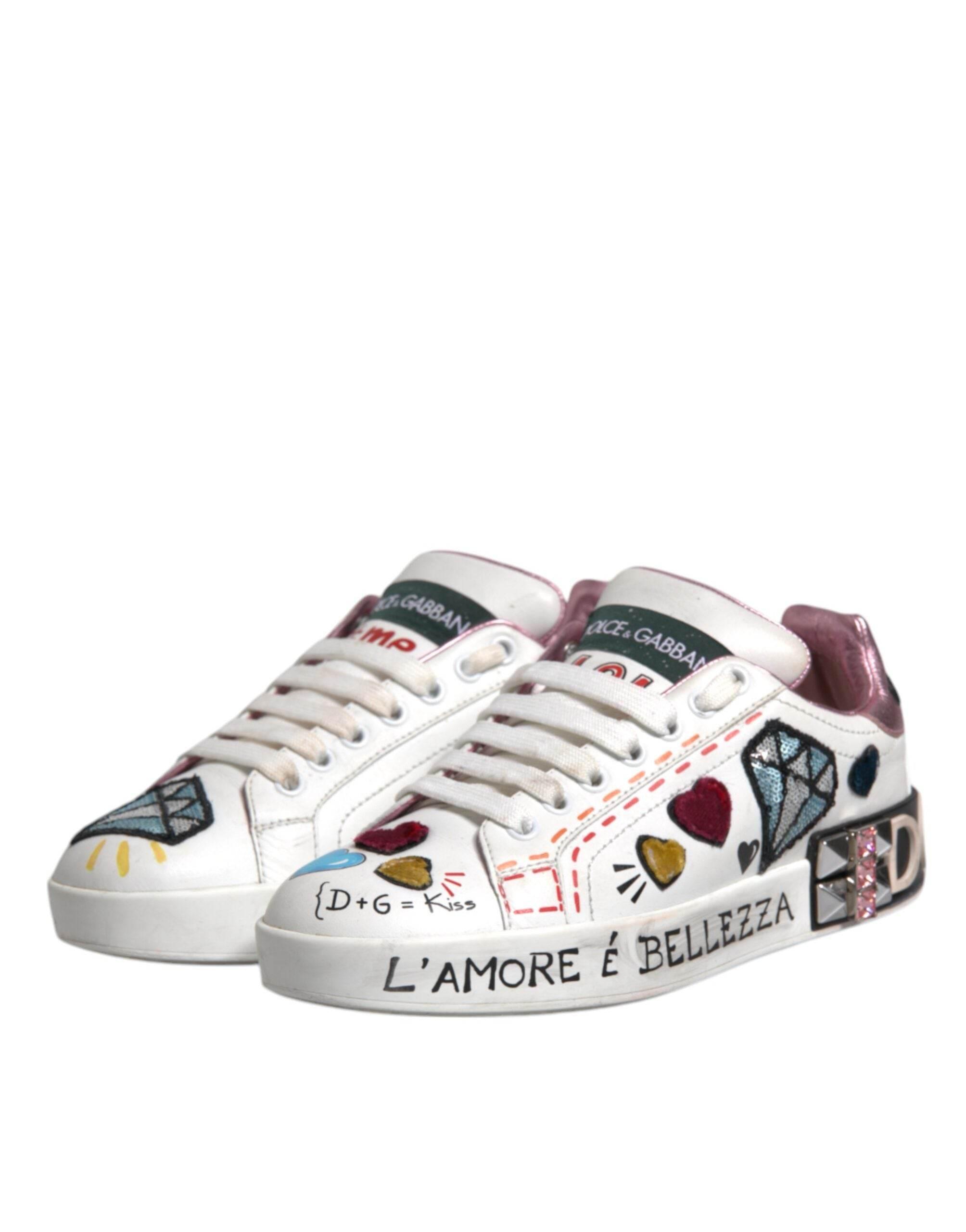 Dolce & Gabbana White Sequined Crystal Low Top Sneakers Shoes - Hilstor