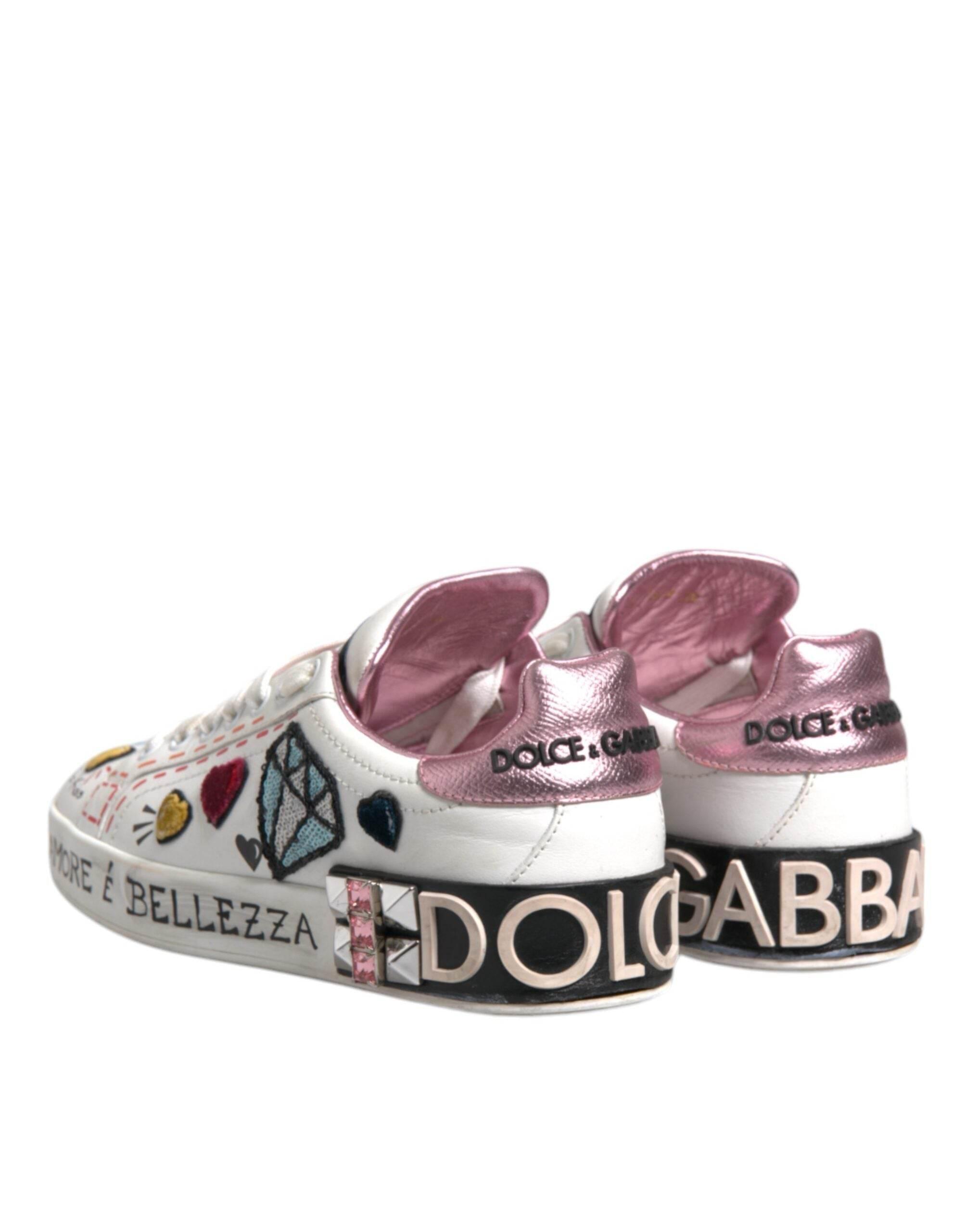 Dolce & Gabbana White Sequined Crystal Low Top Sneakers Shoes - Hilstor