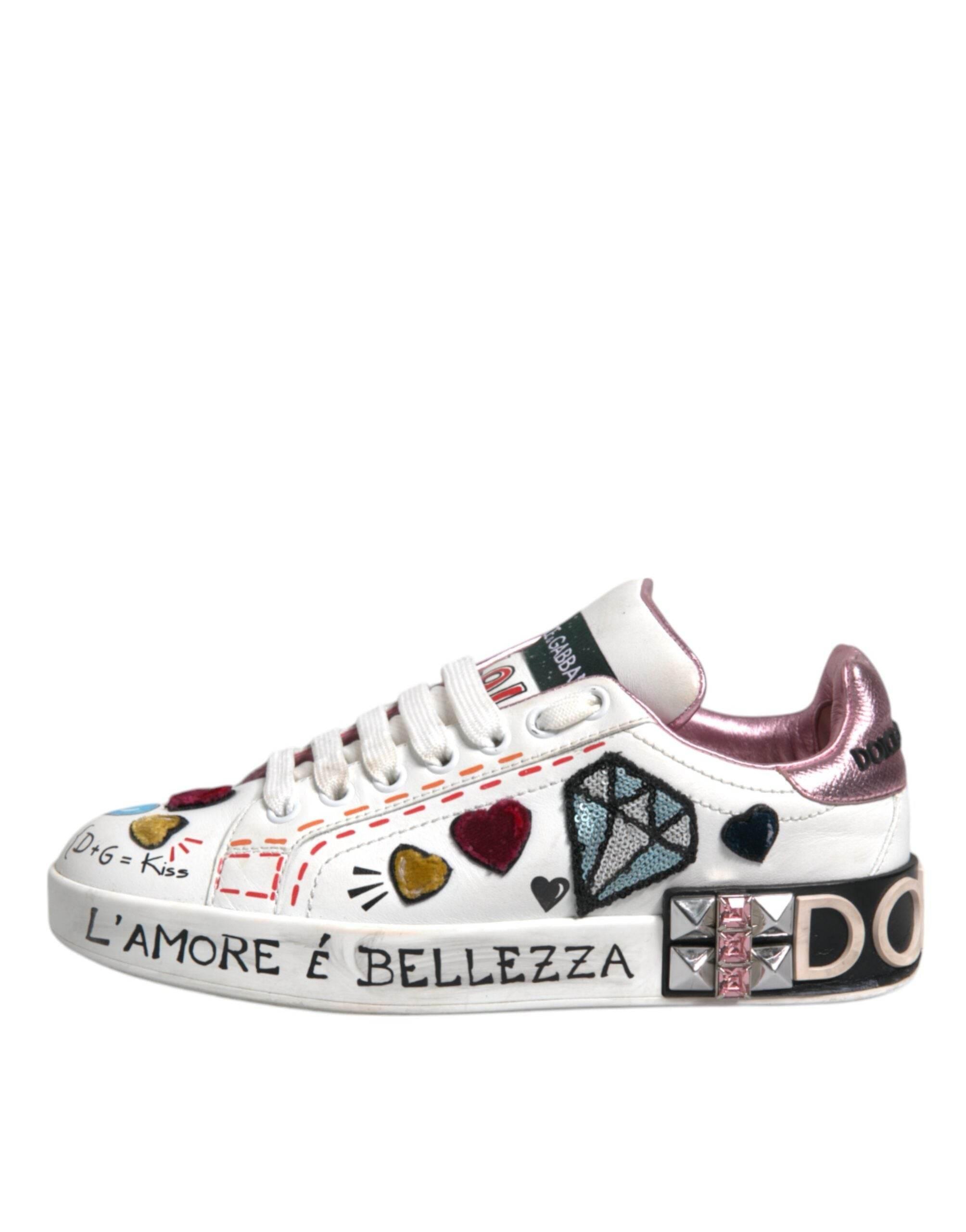Dolce & Gabbana White Sequined Crystal Low Top Sneakers Shoes - Hilstor