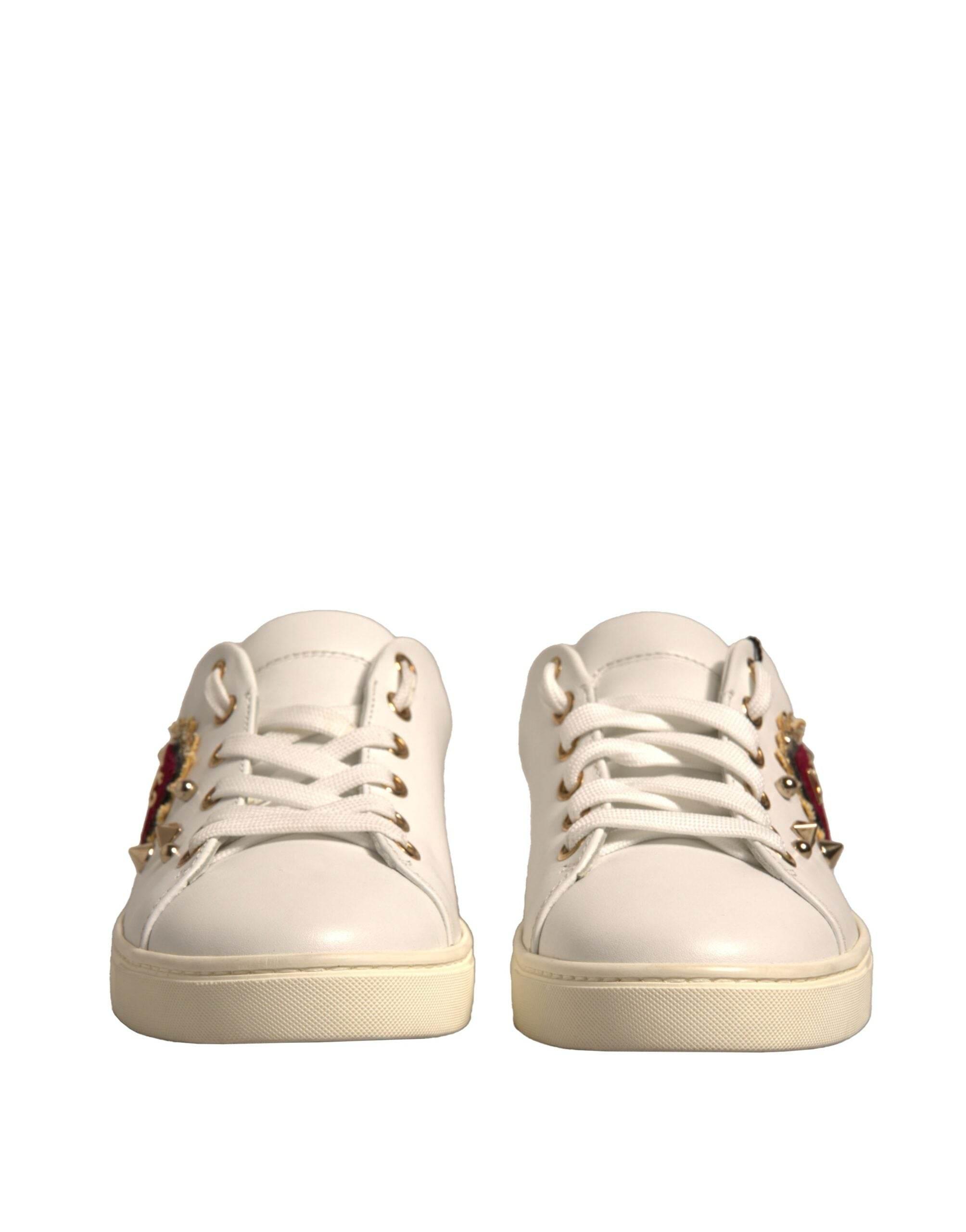 Dolce & Gabbana White Leather Gold Red Heart Sneakers Shoes - Hilstor