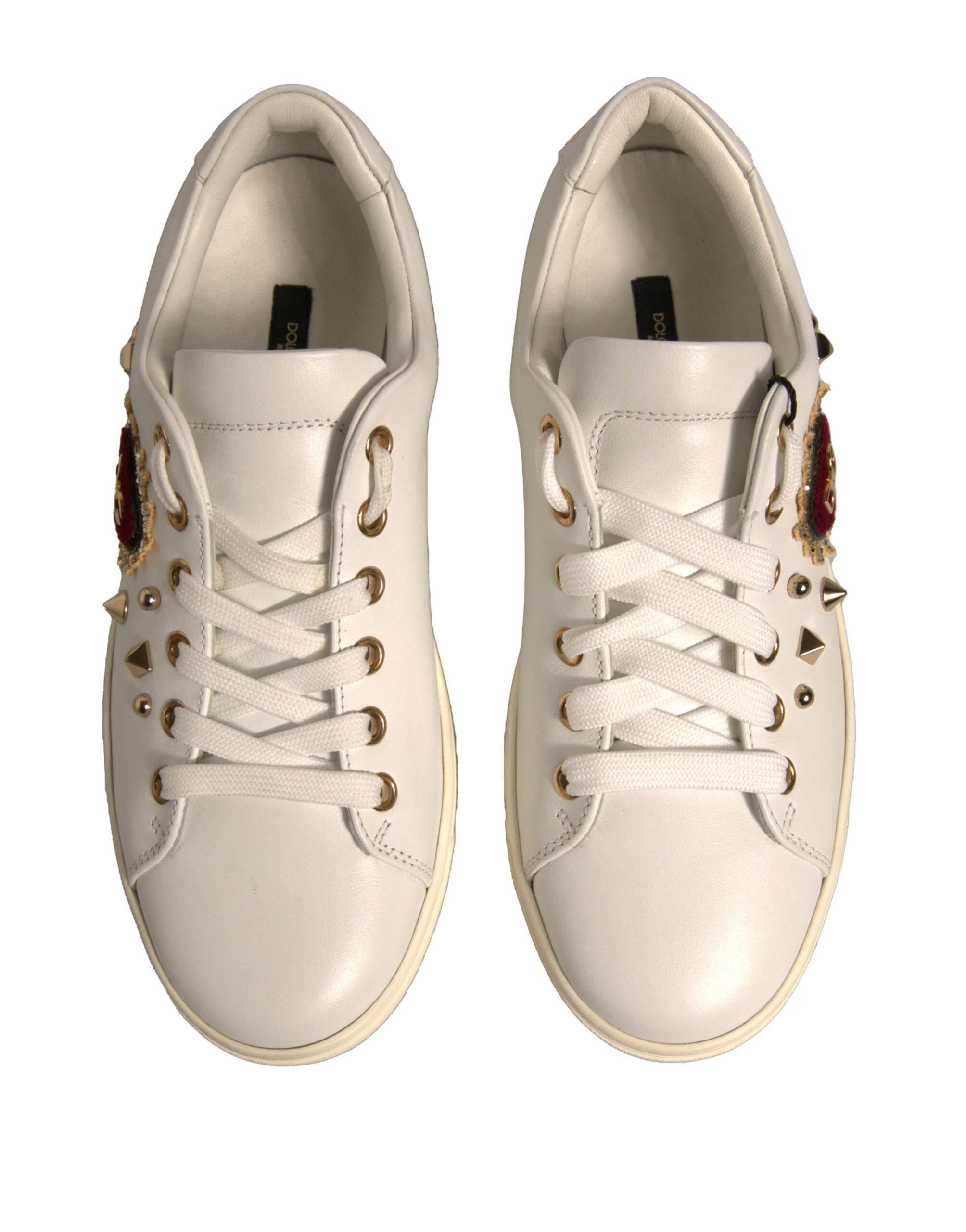 Dolce & Gabbana White Leather Gold Red Heart Sneakers Shoes - Hilstor