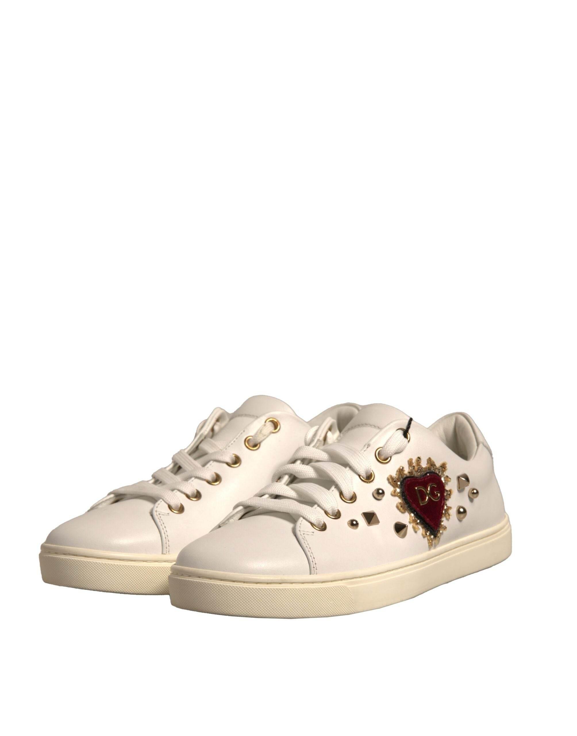 Dolce & Gabbana White Leather Gold Red Heart Sneakers Shoes - Hilstor