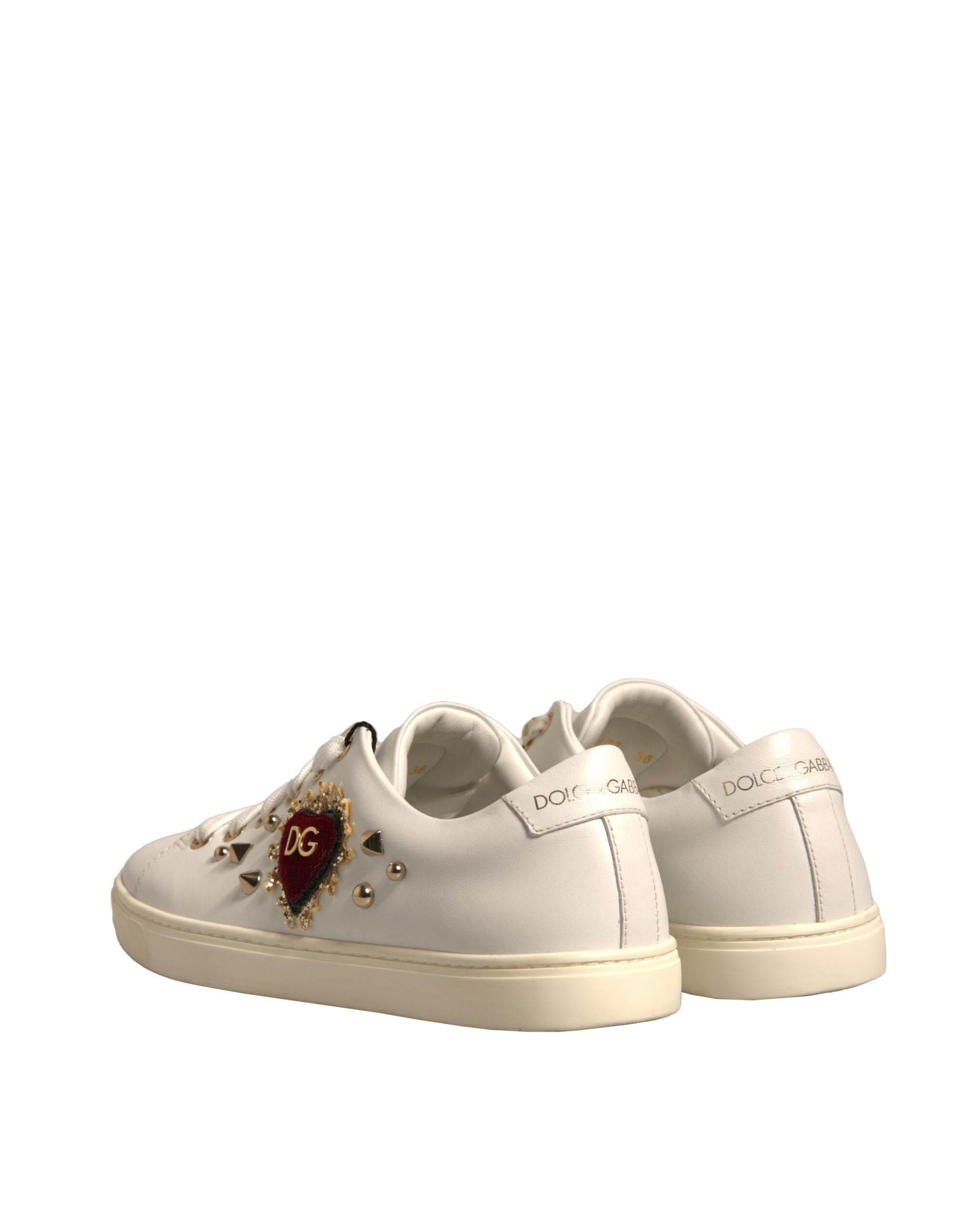 Dolce & Gabbana White Leather Gold Red Heart Sneakers Shoes - Hilstor