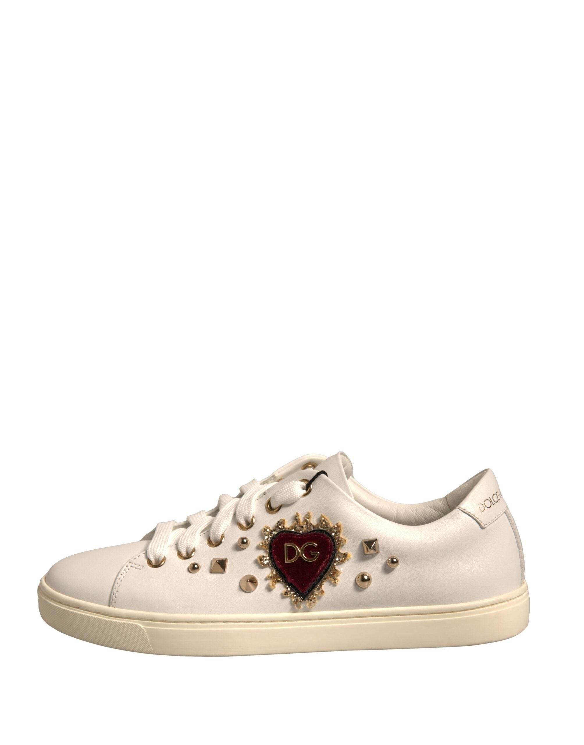 Dolce & Gabbana White Leather Gold Red Heart Sneakers Shoes - Hilstor