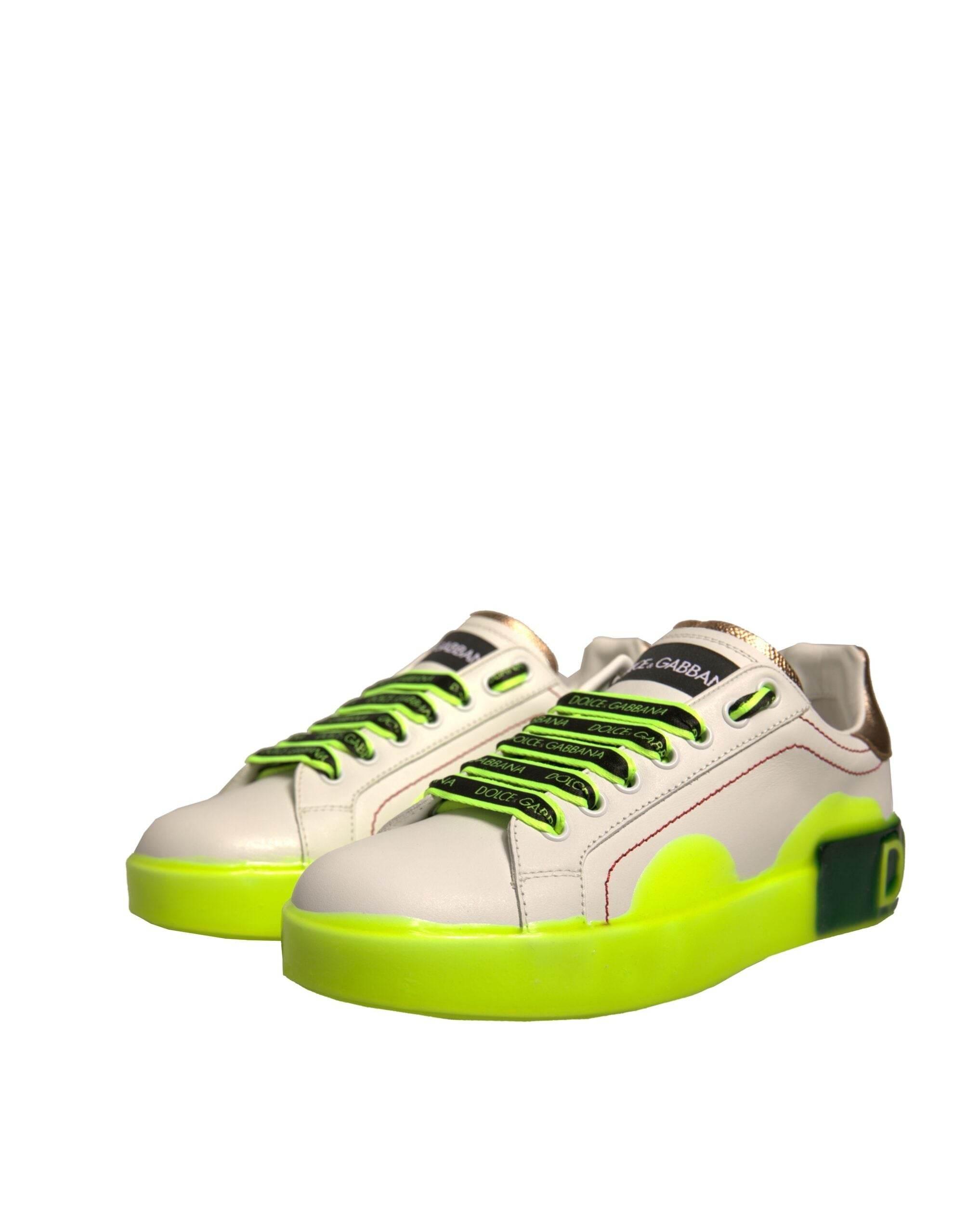 Dolce & Gabbana White Yellow Portofino Leather Sneakers Shoes - Hilstor