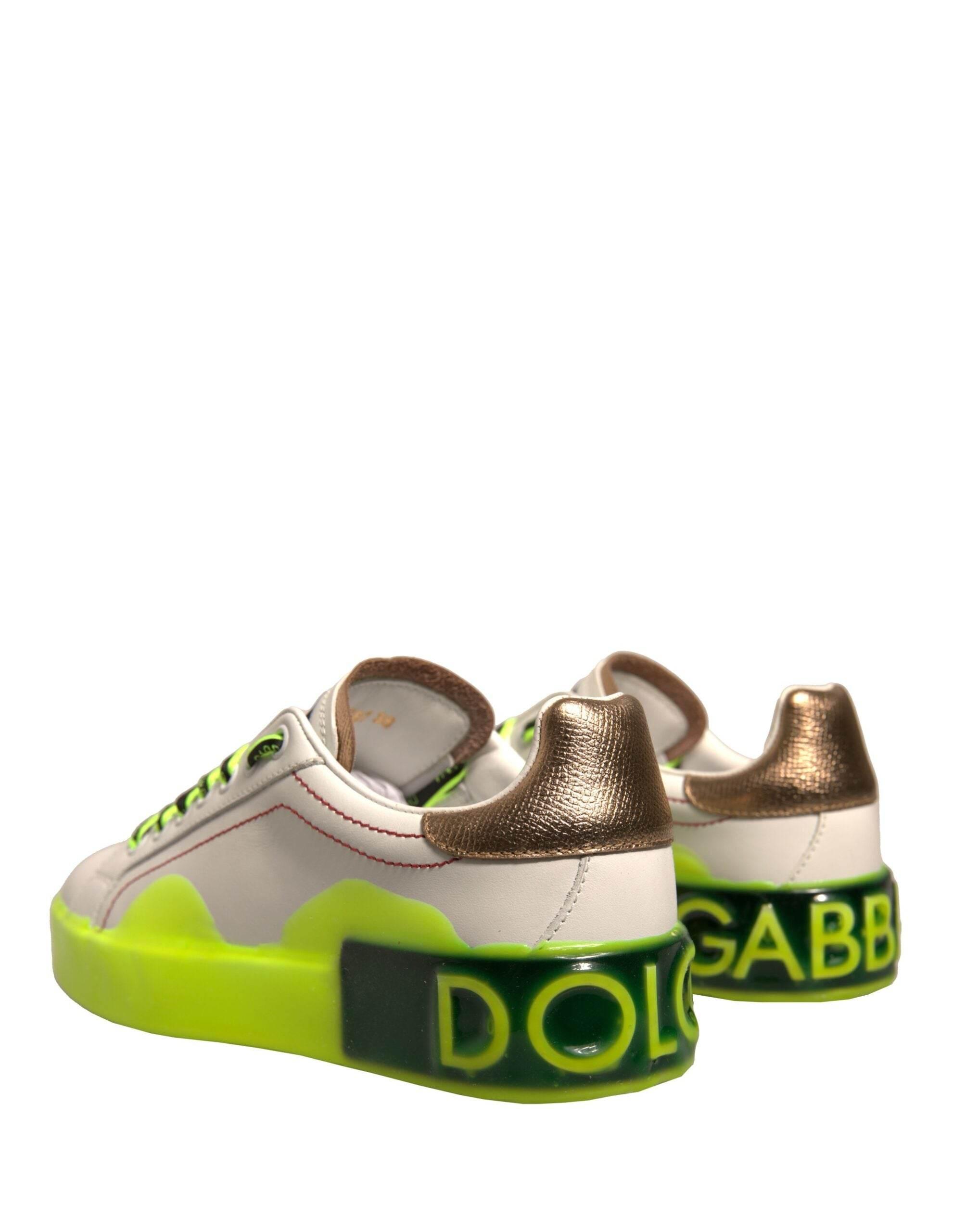 Dolce & Gabbana White Yellow Portofino Leather Sneakers Shoes - Hilstor