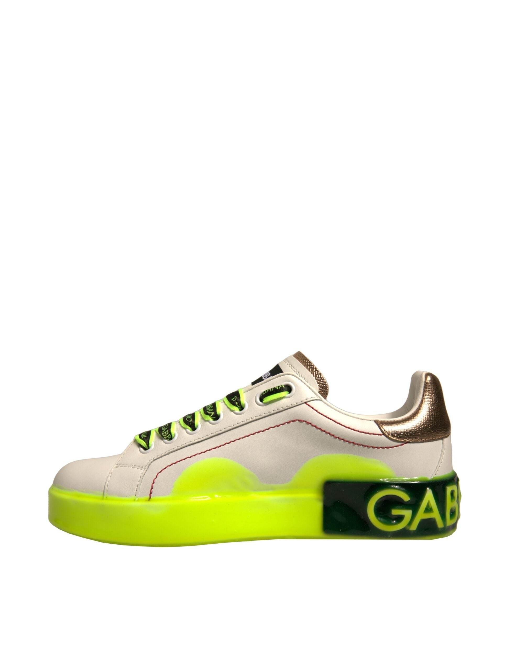 Dolce & Gabbana White Yellow Portofino Leather Sneakers Shoes - Hilstor