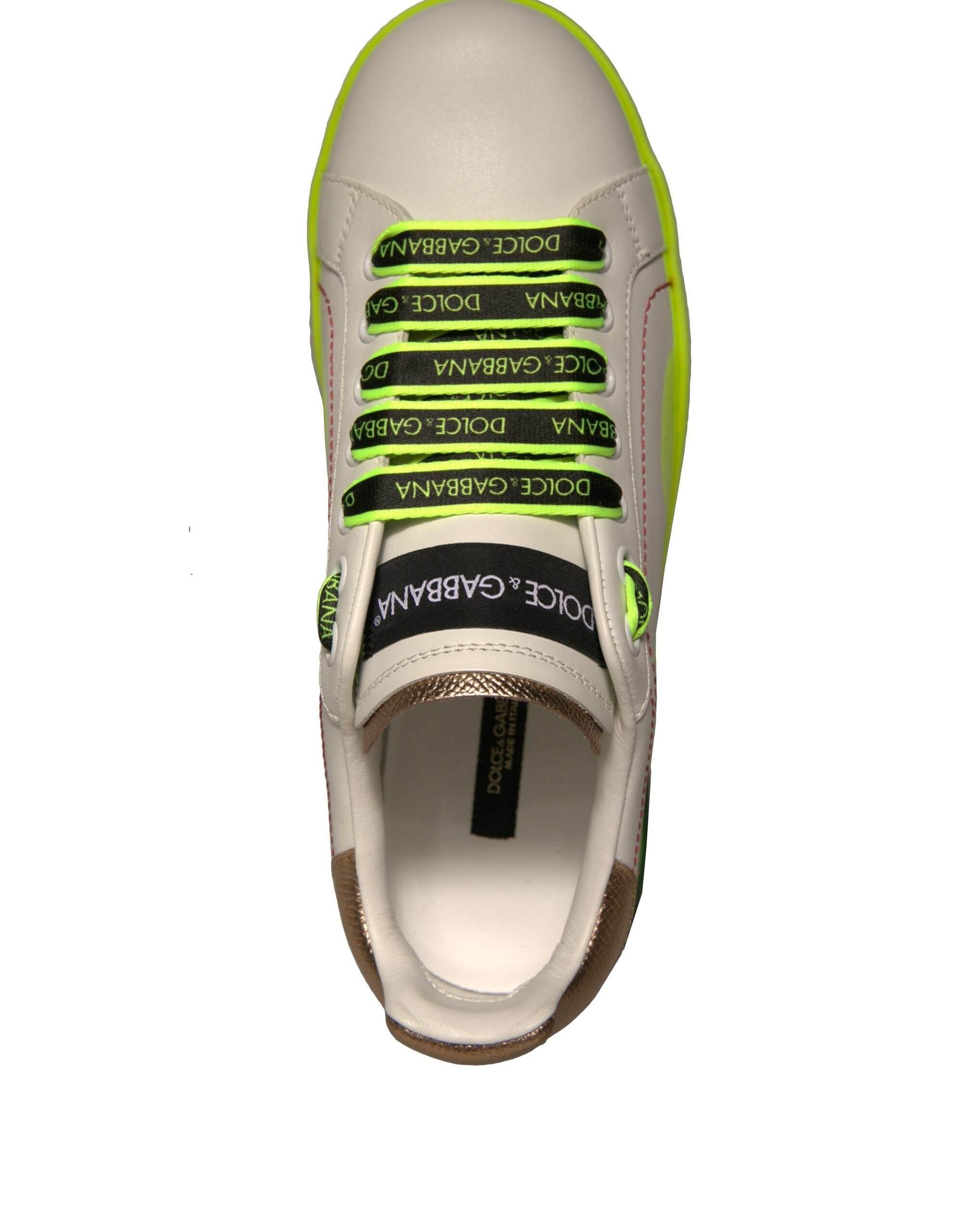 Dolce & Gabbana White Yellow Portofino Leather Sneakers Shoes - Hilstor
