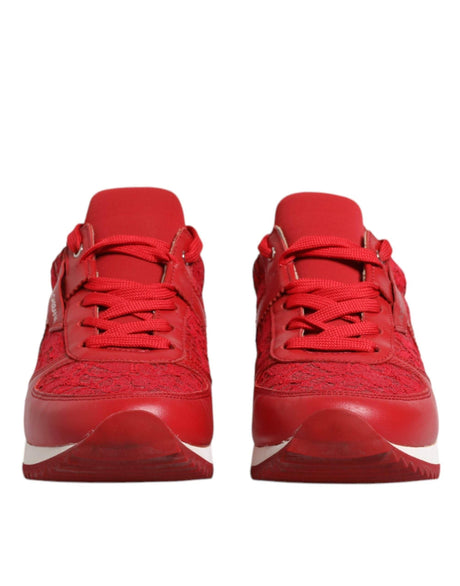 Dolce & Gabbana Red Floral Lace Leather Sneakers Shoes - Hilstor