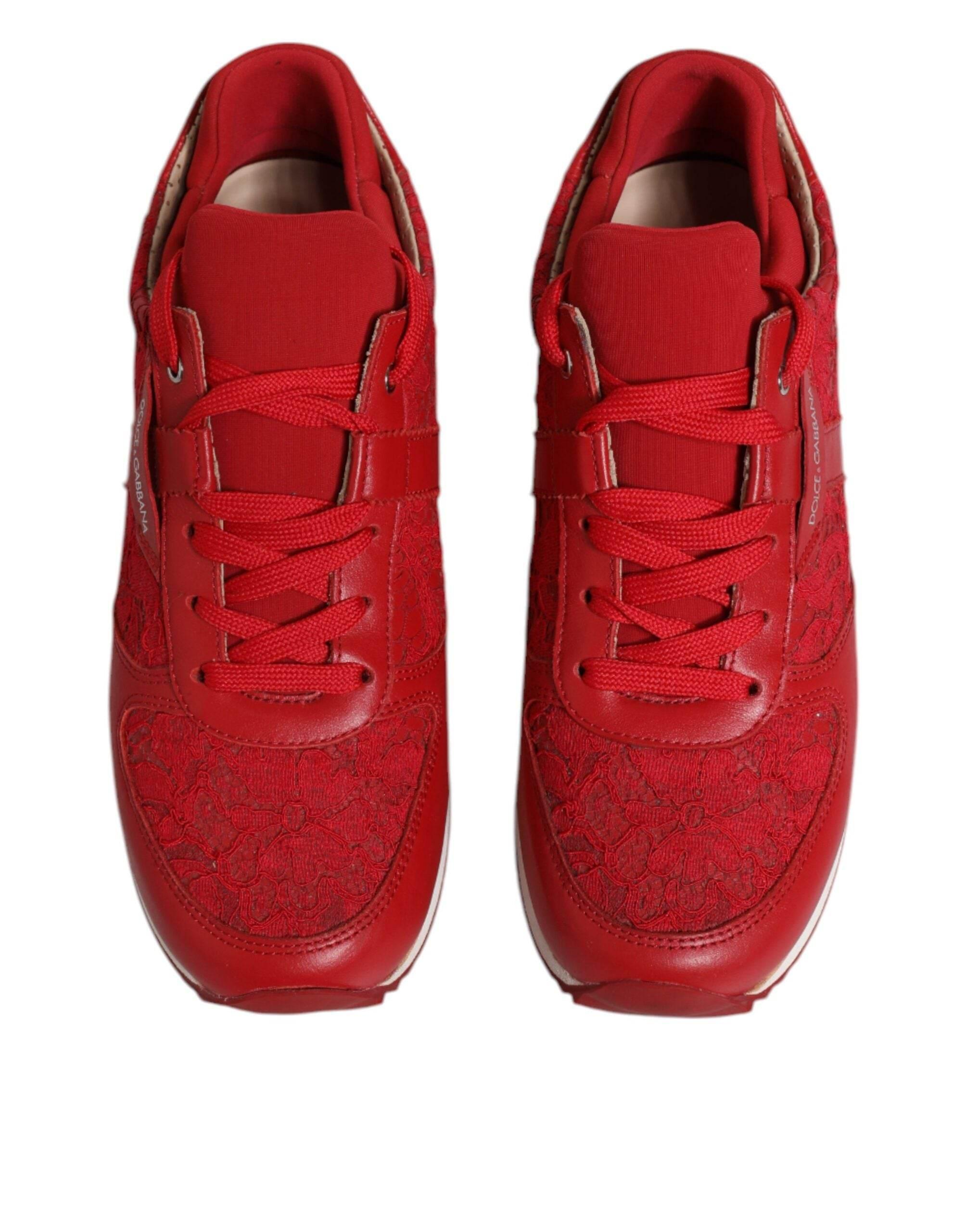 Dolce & Gabbana Red Floral Lace Leather Sneakers Shoes - Hilstor
