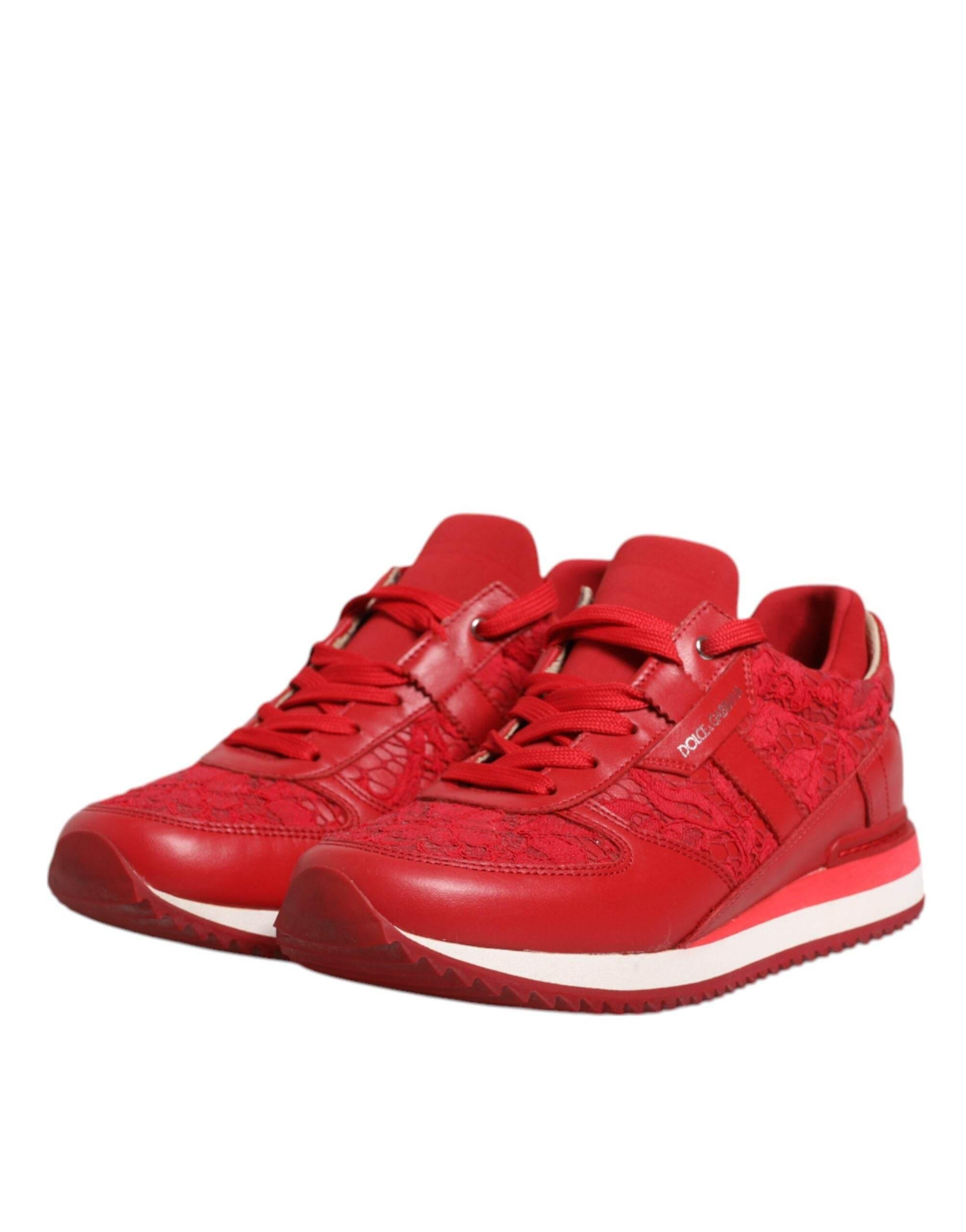 Dolce & Gabbana Red Floral Lace Leather Sneakers Shoes - Hilstor