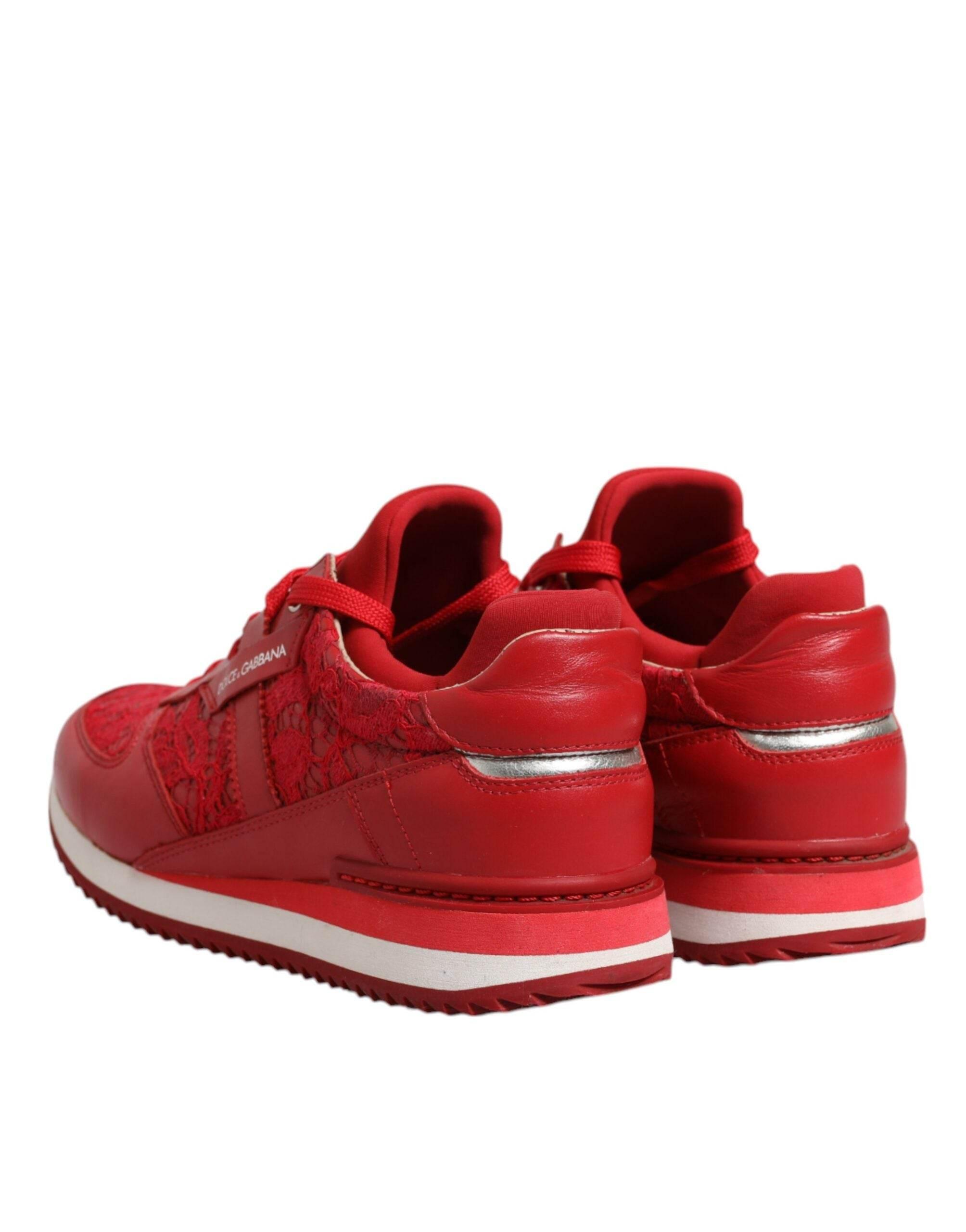 Dolce & Gabbana Red Floral Lace Leather Sneakers Shoes - Hilstor