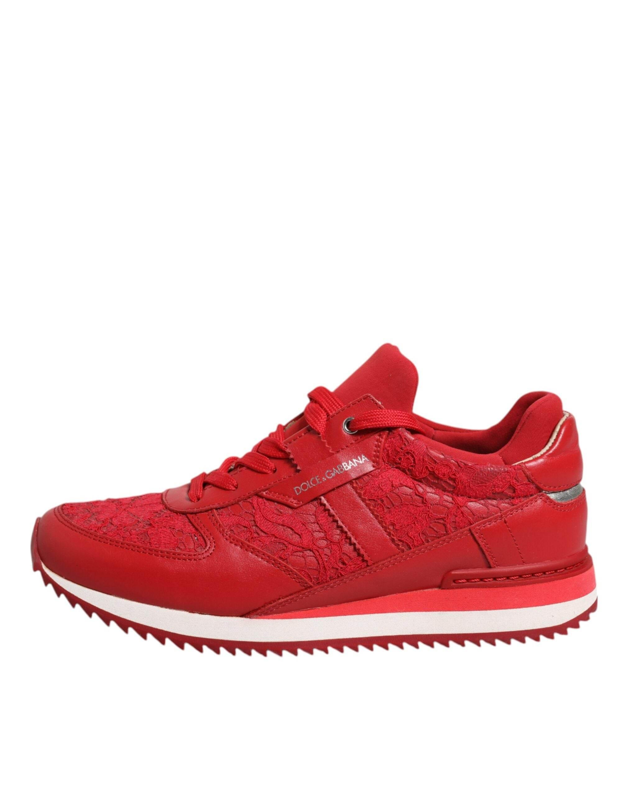 Dolce & Gabbana Red Floral Lace Leather Sneakers Shoes - Hilstor