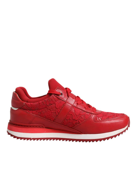 Dolce & Gabbana Red Floral Lace Leather Sneakers Shoes - Hilstor