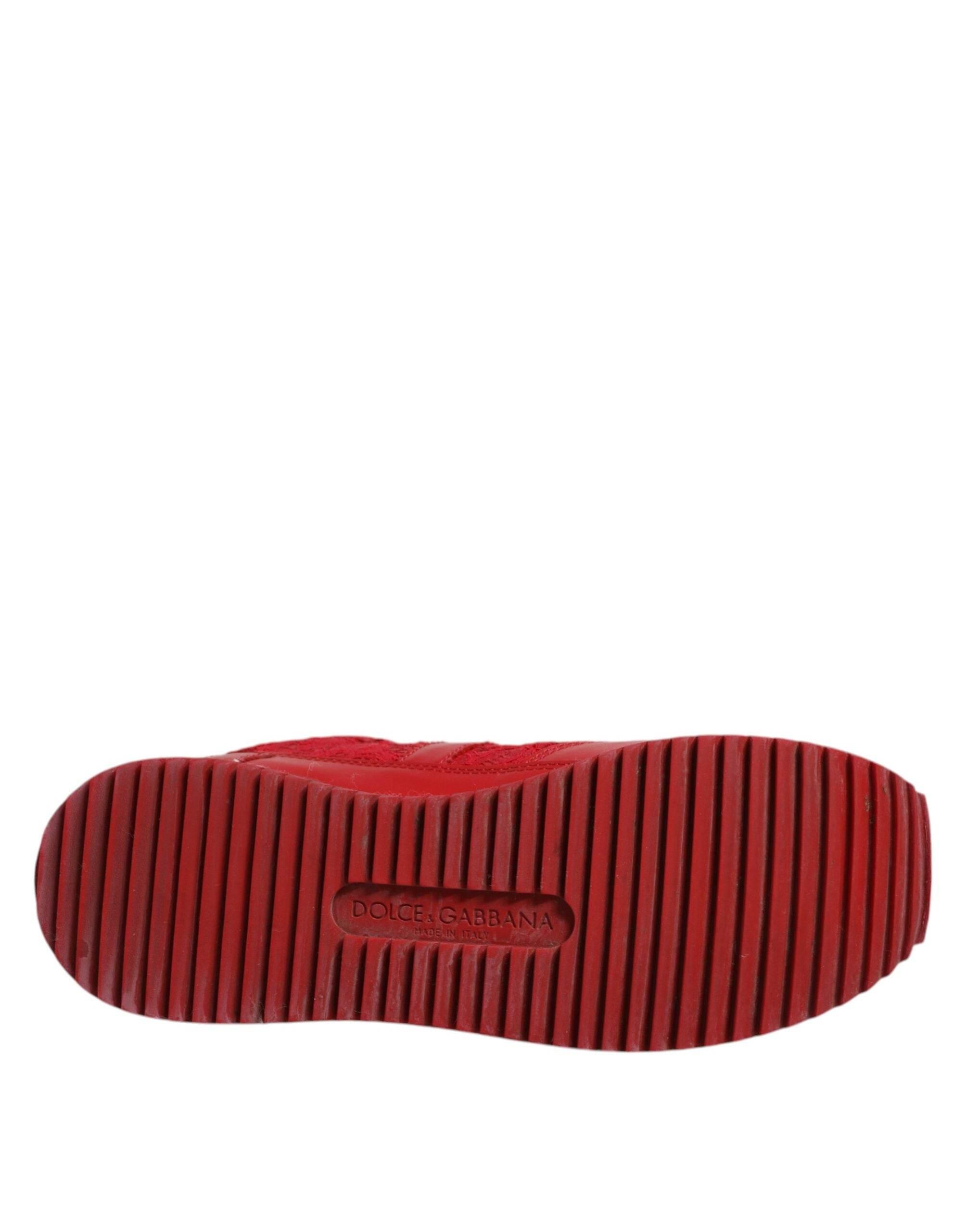 Dolce & Gabbana Red Floral Lace Leather Sneakers Shoes - Hilstor