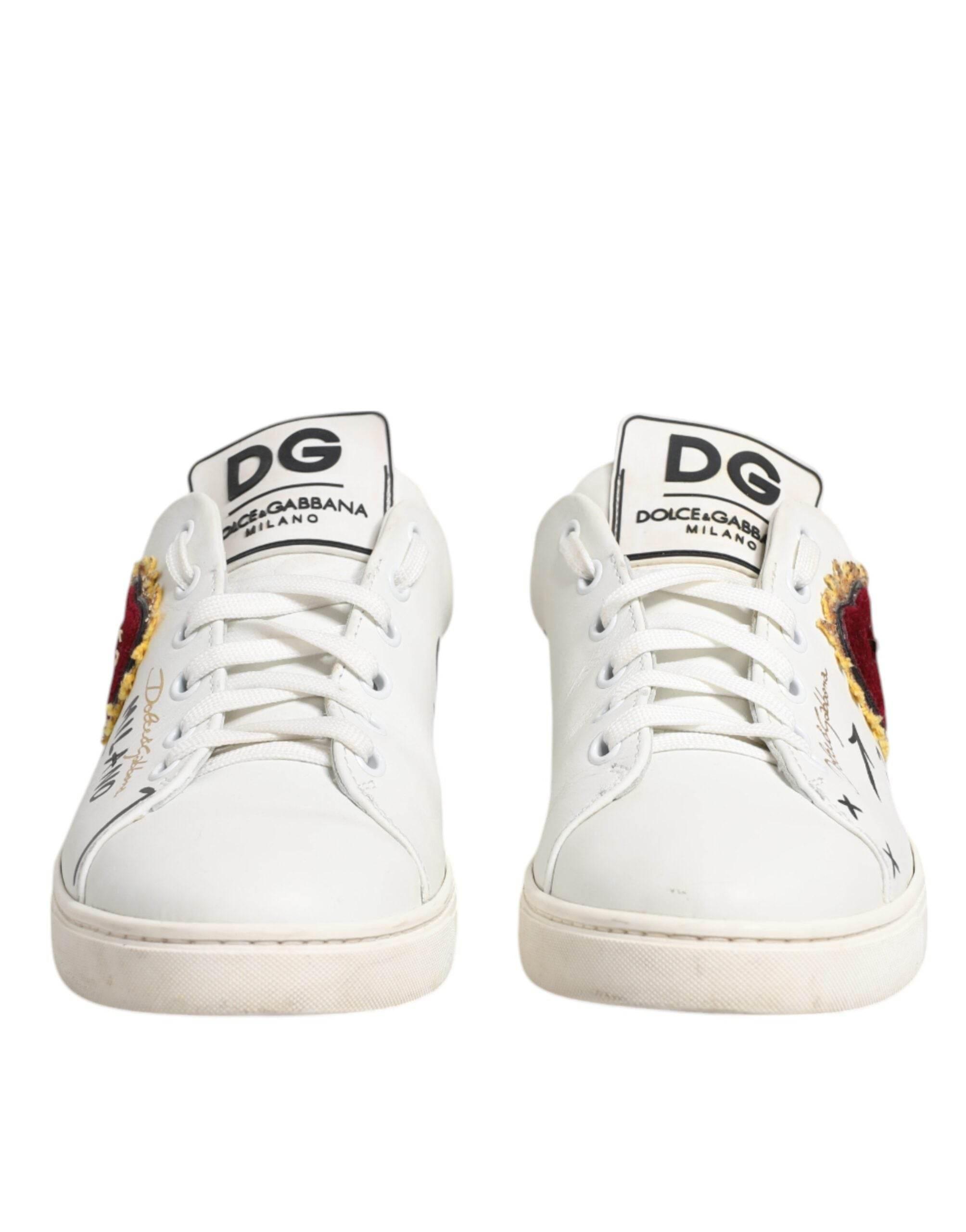 Dolce & Gabbana White Leather Heart Embellished Sneakers Shoes - Hilstor