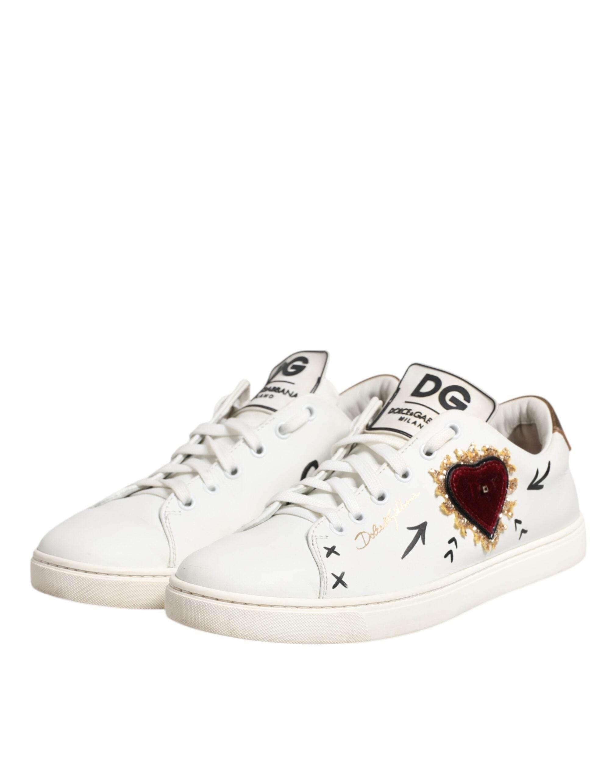 Dolce & Gabbana White Leather Heart Embellished Sneakers Shoes - Hilstor