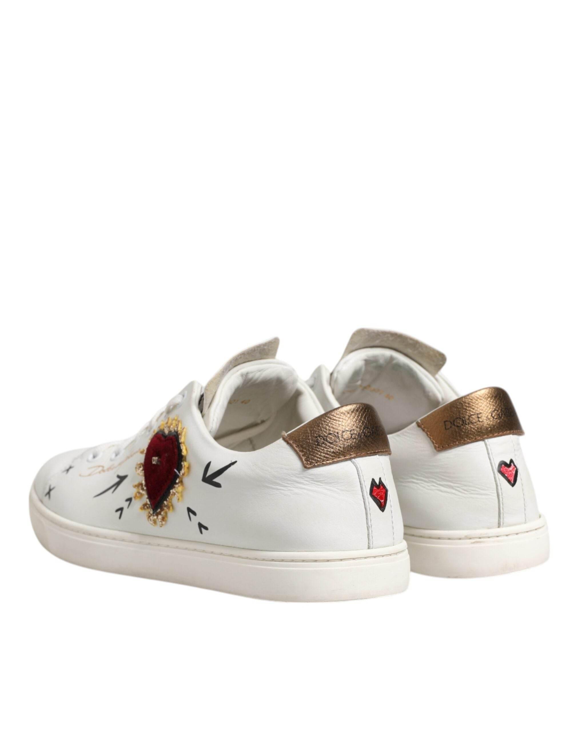Dolce & Gabbana White Leather Heart Embellished Sneakers Shoes - Hilstor