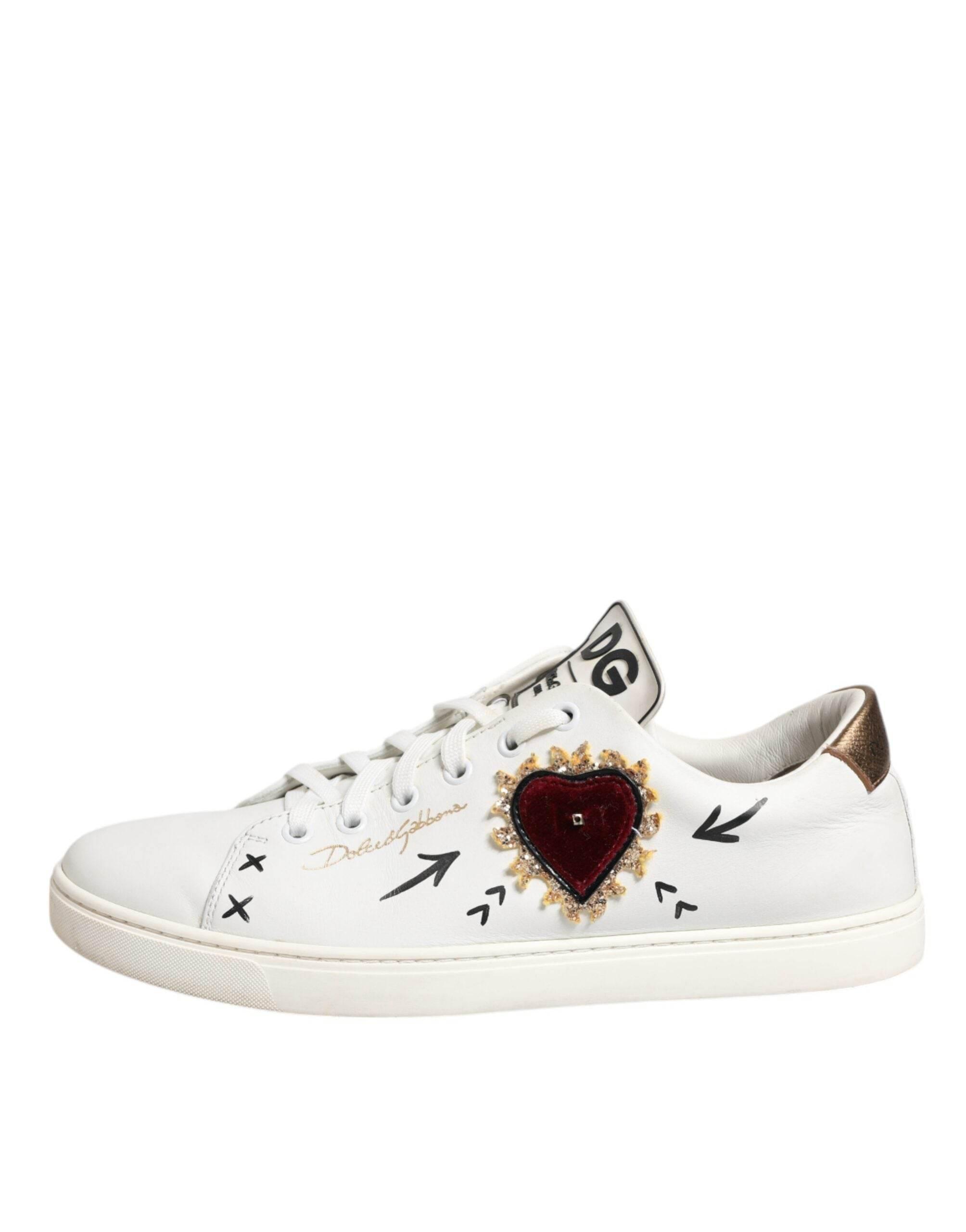 Dolce & Gabbana White Leather Heart Embellished Sneakers Shoes - Hilstor