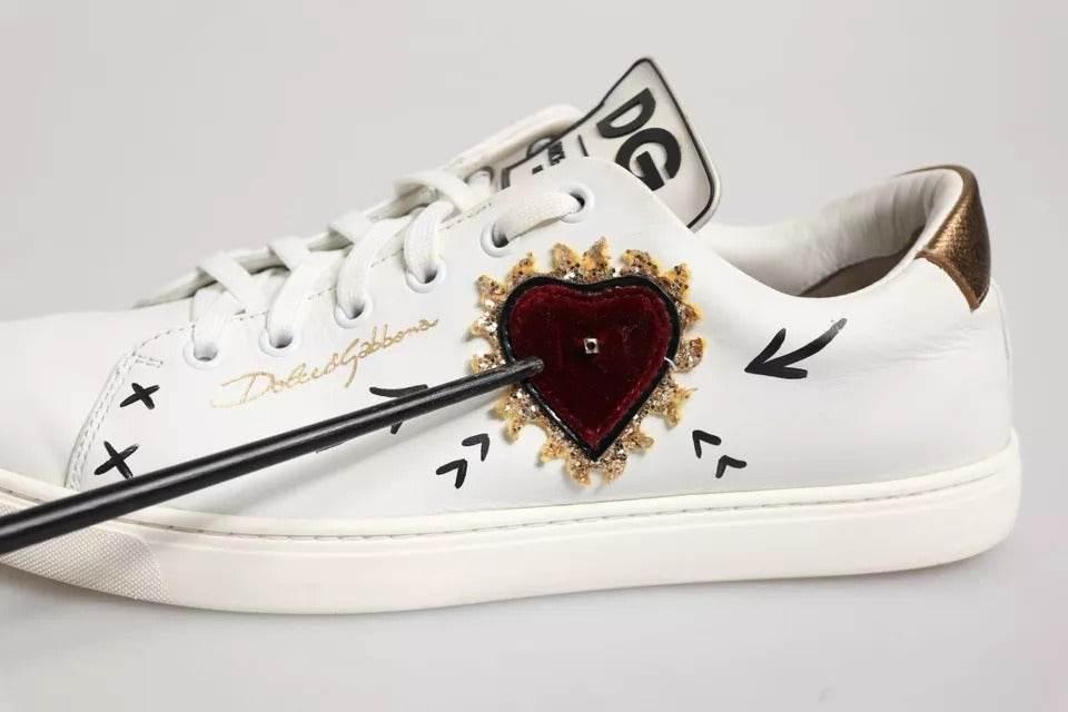 Dolce & Gabbana White Leather Heart Embellished Sneakers Shoes - Hilstor