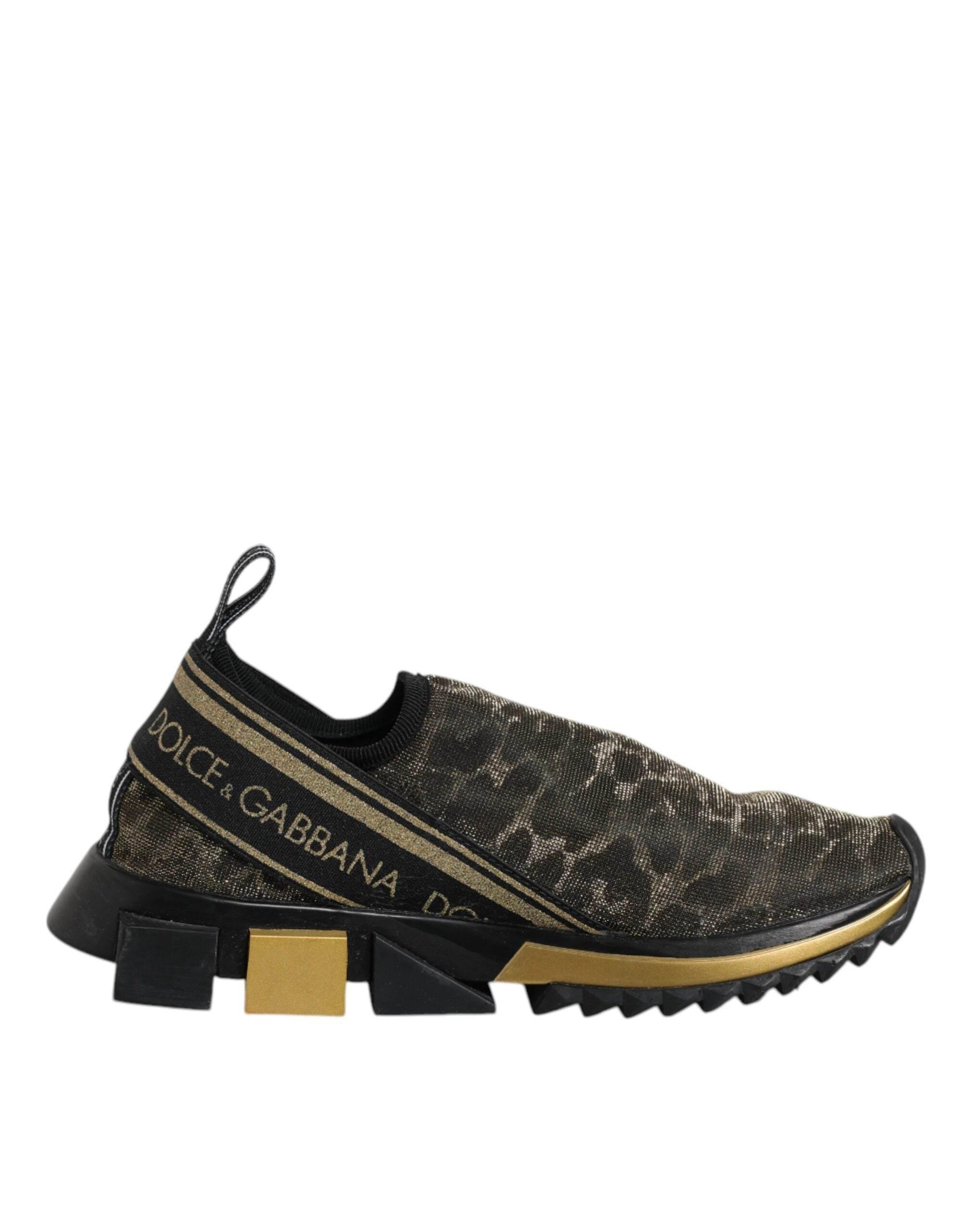 Dolce & Gabbana Gold Glitter Leopard Sorrento Sneakers Shoes - Hilstor