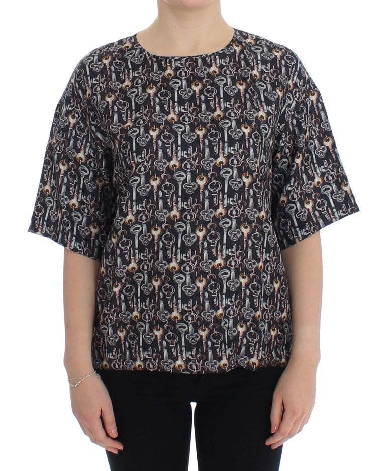 Dolce & Gabbana Gray Gold Key Print Silk Blouse T-shirt - Hilstor