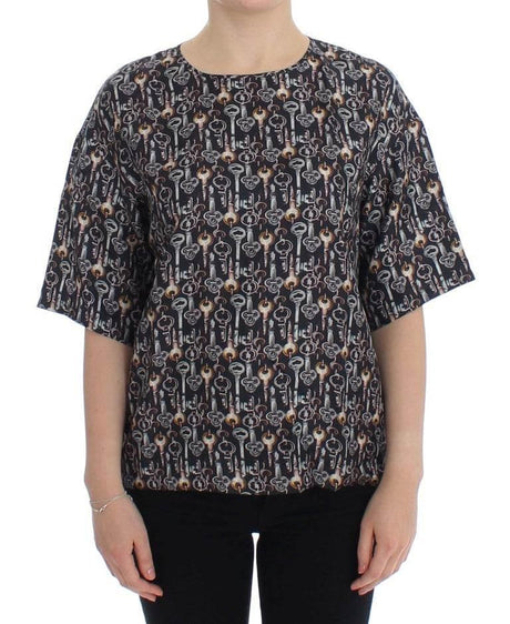 Dolce & Gabbana Gray Gold Key Print Silk Blouse T-shirt - Hilstor