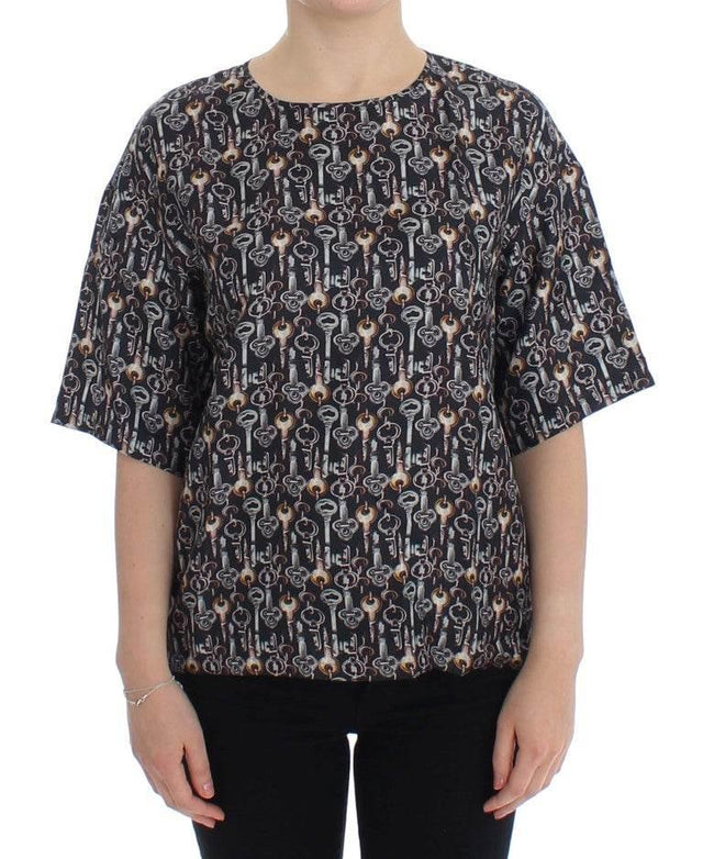 Dolce & Gabbana Gray Gold Key Print Silk Blouse T-shirt - Hilstor