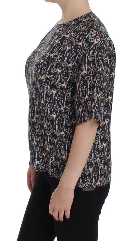 Dolce & Gabbana Gray Gold Key Print Silk Blouse T-shirt - Hilstor