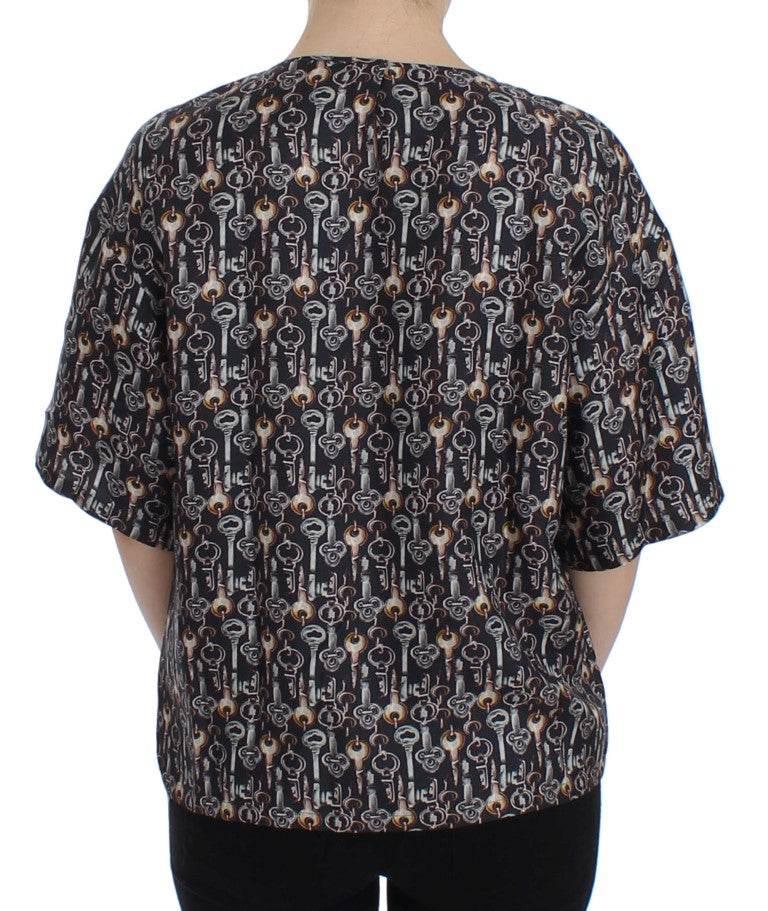 Dolce & Gabbana Gray Gold Key Print Silk Blouse T-shirt - Hilstor
