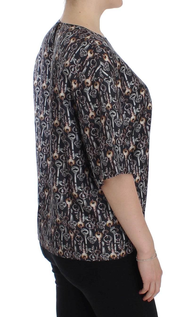 Dolce & Gabbana Gray Gold Key Print Silk Blouse T-shirt - Hilstor