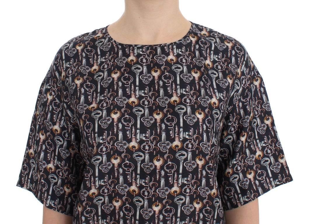 Dolce & Gabbana Gray Gold Key Print Silk Blouse T-shirt - Hilstor